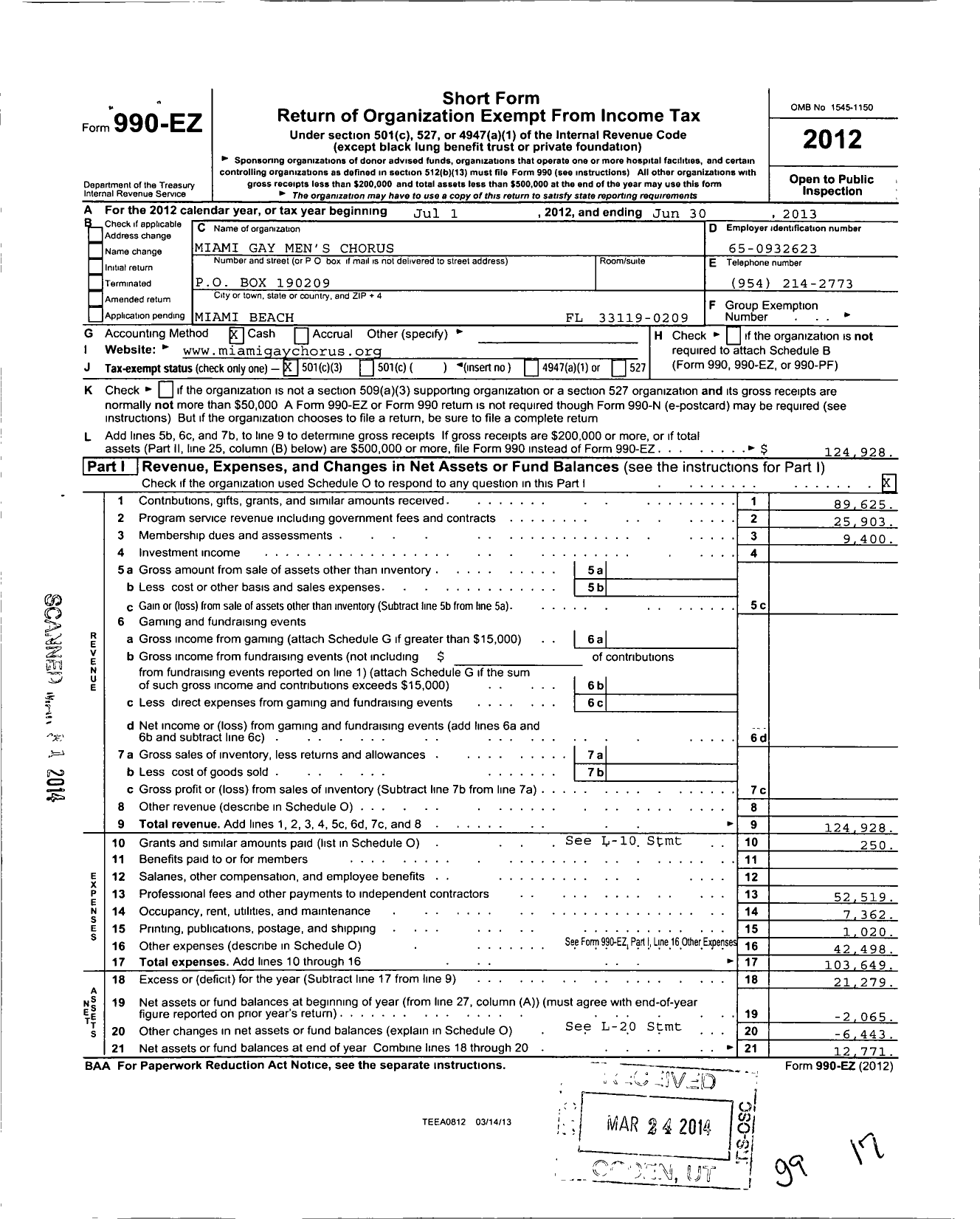 Image of first page of 2012 Form 990EZ for Miami Gay Mens Chorus