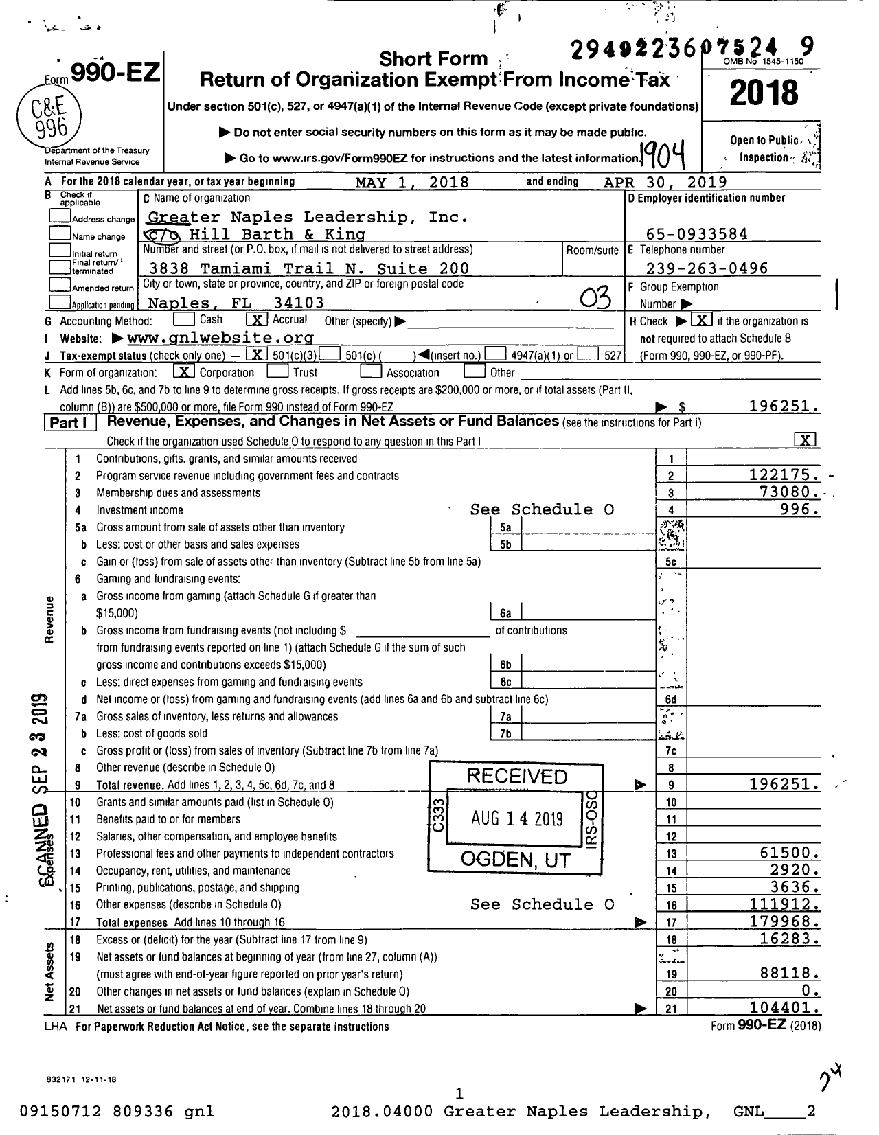 Image of first page of 2018 Form 990EZ for Greater Naples Leadership