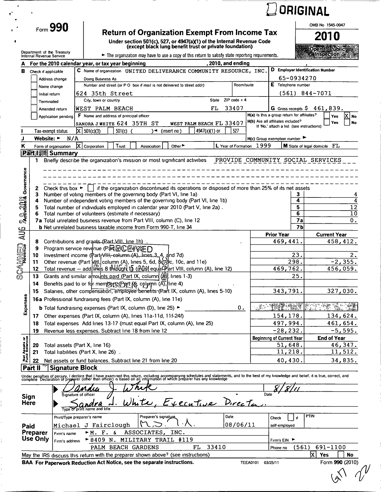 Image of first page of 2010 Form 990 for United Deliverance Community Resource Center