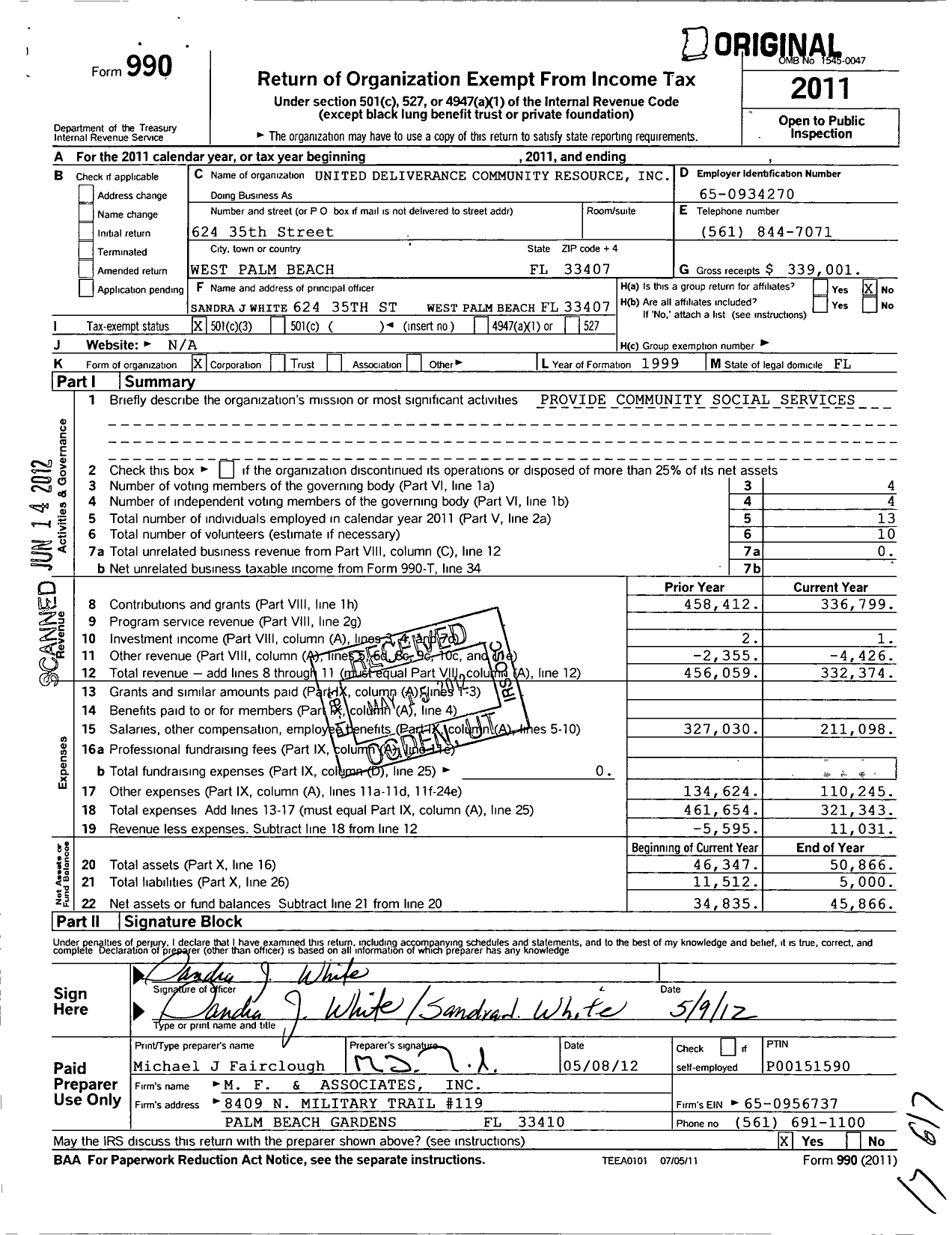 Image of first page of 2011 Form 990 for United Deliverance Community Resource Center