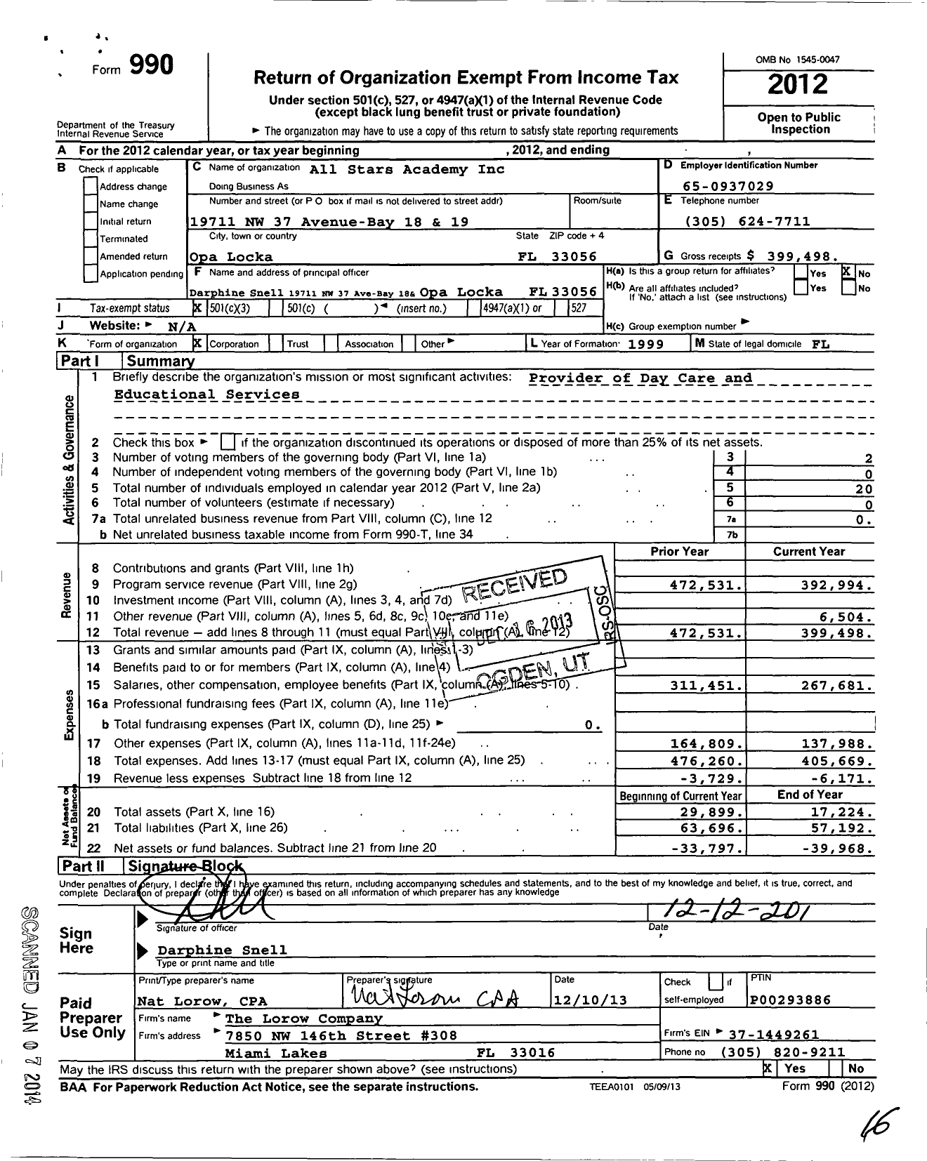 Image of first page of 2012 Form 990 for ALL Stars Academy