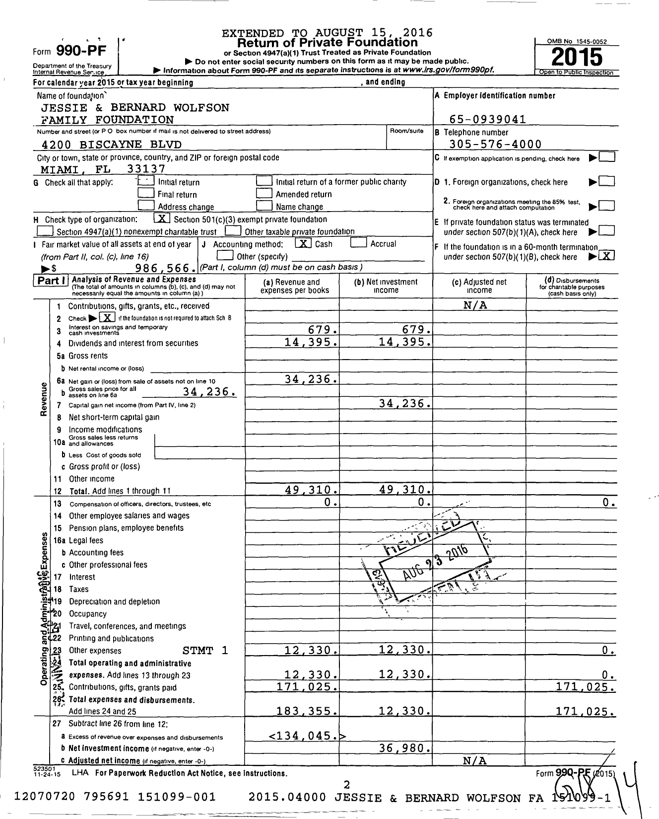 Image of first page of 2015 Form 990PF for Jessie & Bernard Wolfson Family Foundation