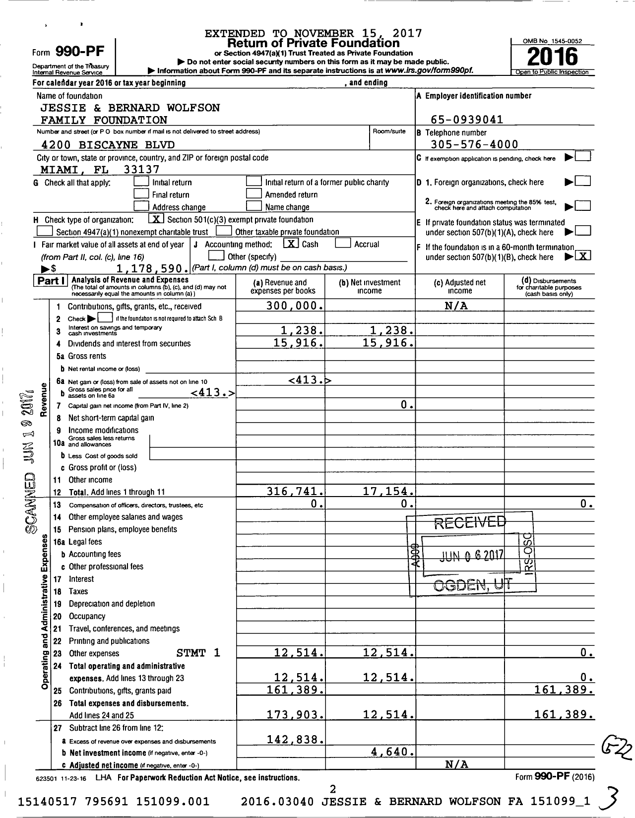 Image of first page of 2016 Form 990PF for Jessie & Bernard Wolfson Family Foundation