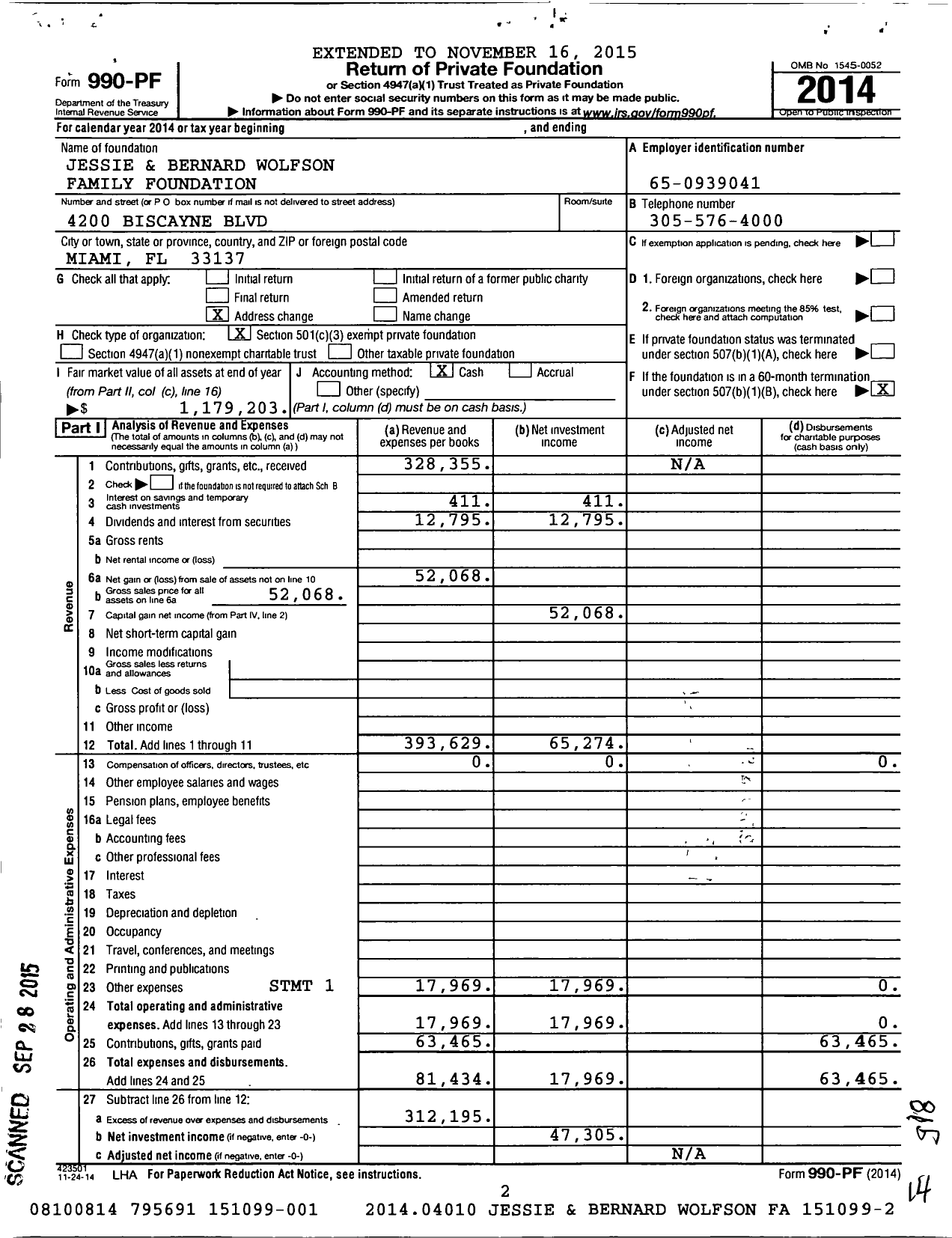 Image of first page of 2014 Form 990PF for Jessie & Bernard Wolfson Family Foundation