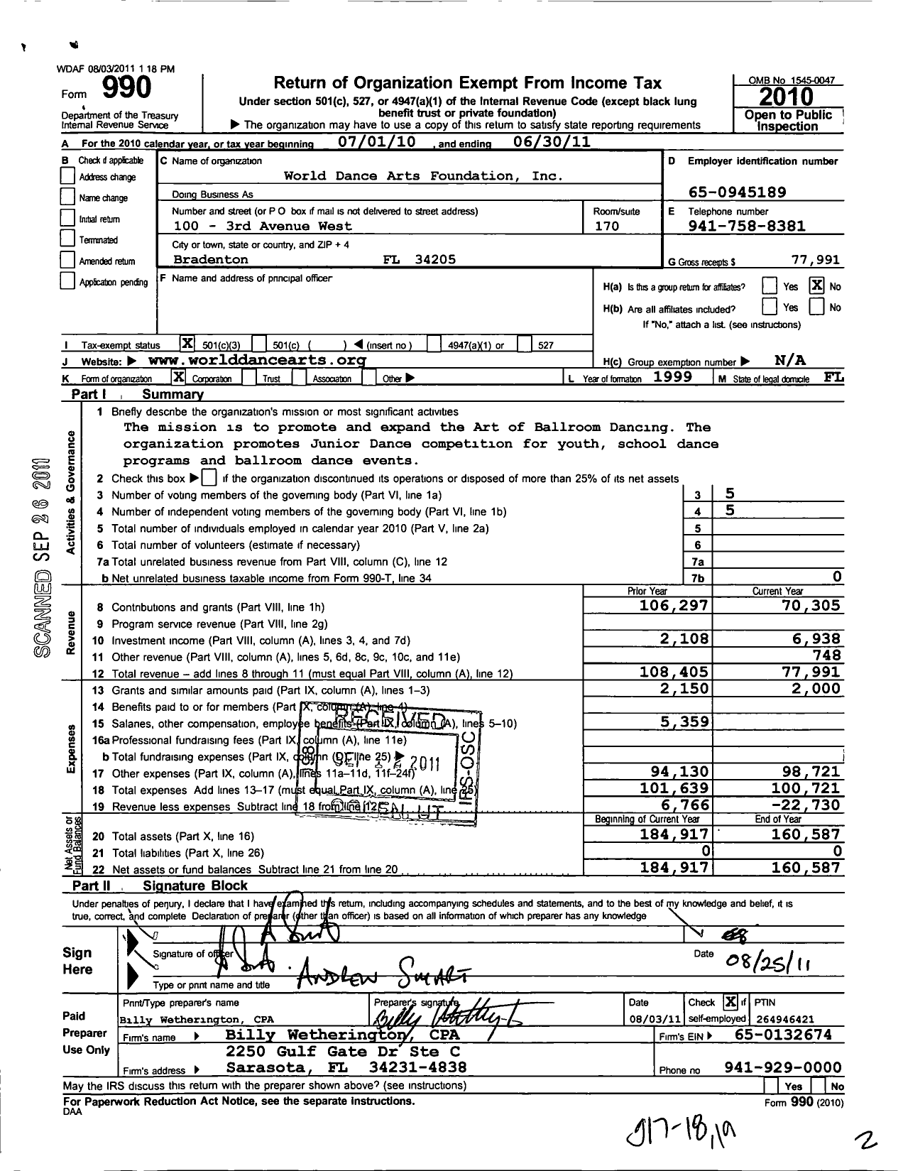 Image of first page of 2010 Form 990 for World Dance Arts Foundation