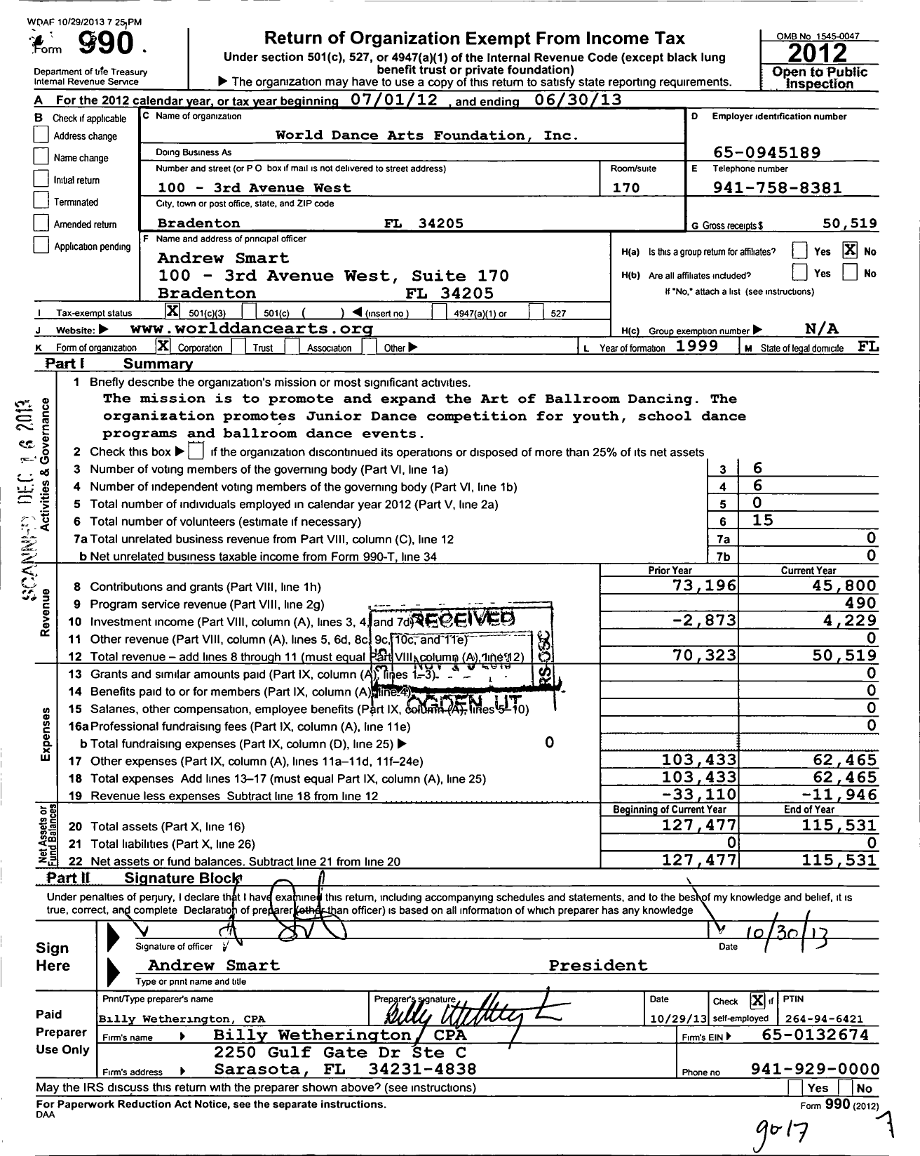 Image of first page of 2012 Form 990 for World Dance Arts Foundation