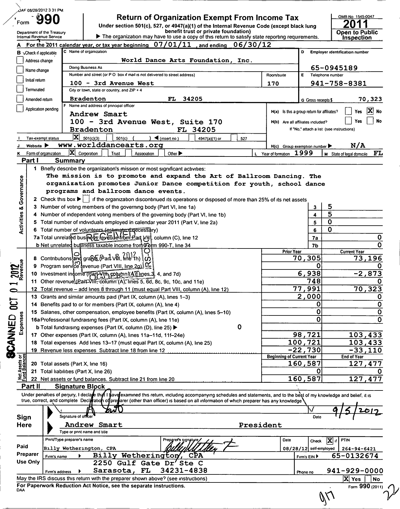 Image of first page of 2011 Form 990 for World Dance Arts Foundation