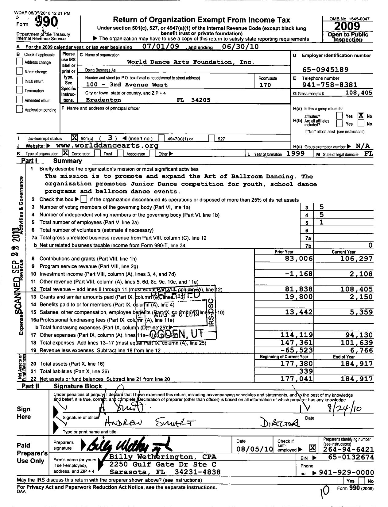 Image of first page of 2009 Form 990 for World Dance Arts Foundation