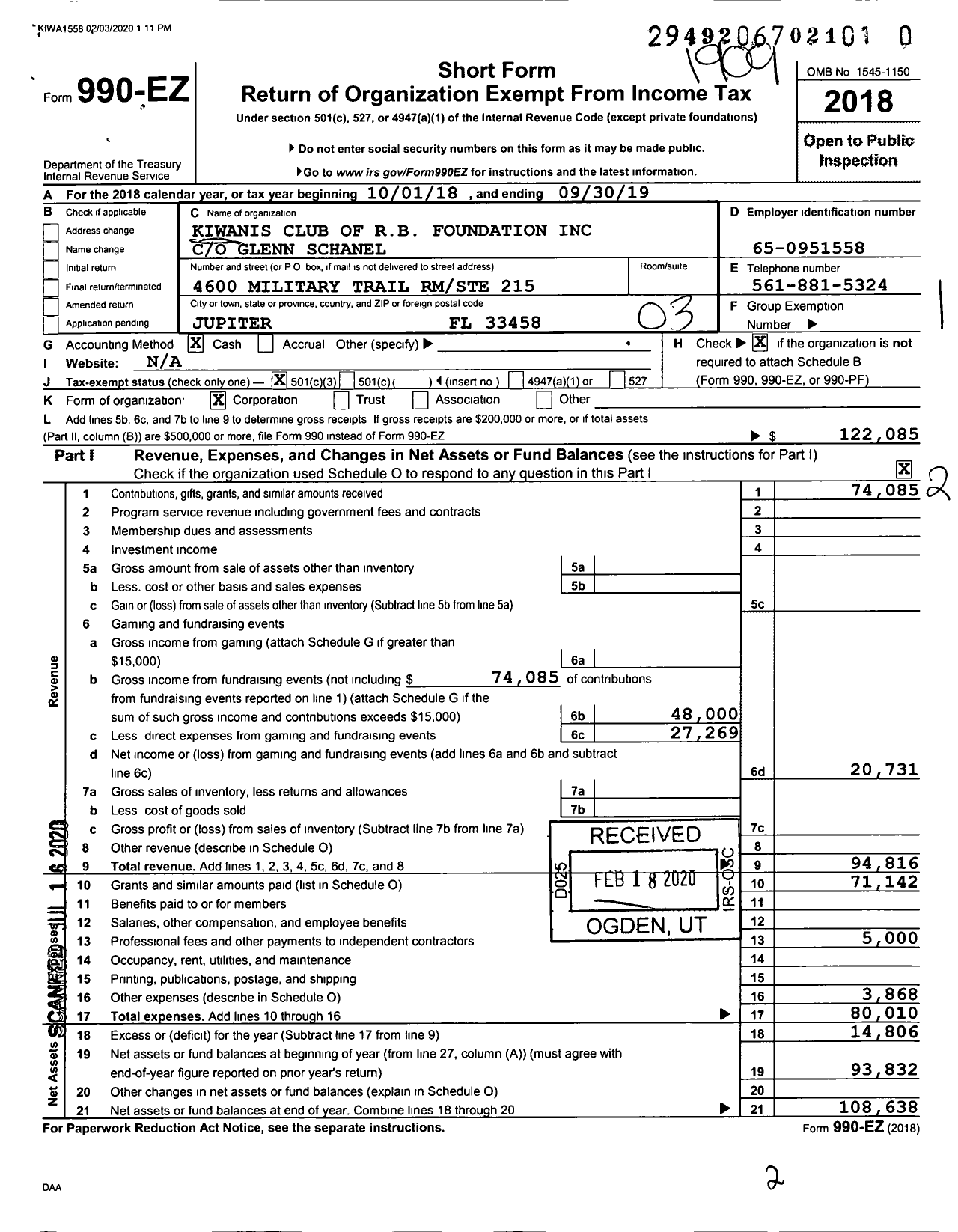 Image of first page of 2018 Form 990EZ for Kiwanis Club of RB Foundation