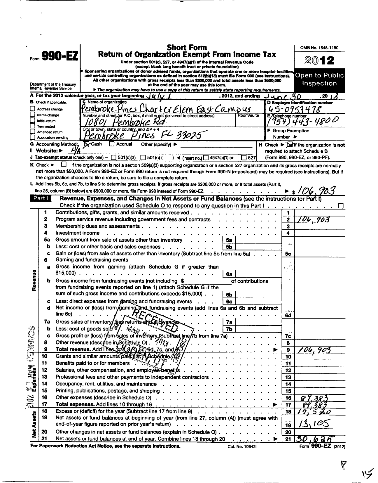 Image of first page of 2012 Form 990EO for PTA Florida Congress - Pembroke Pines Charter East Elem PT