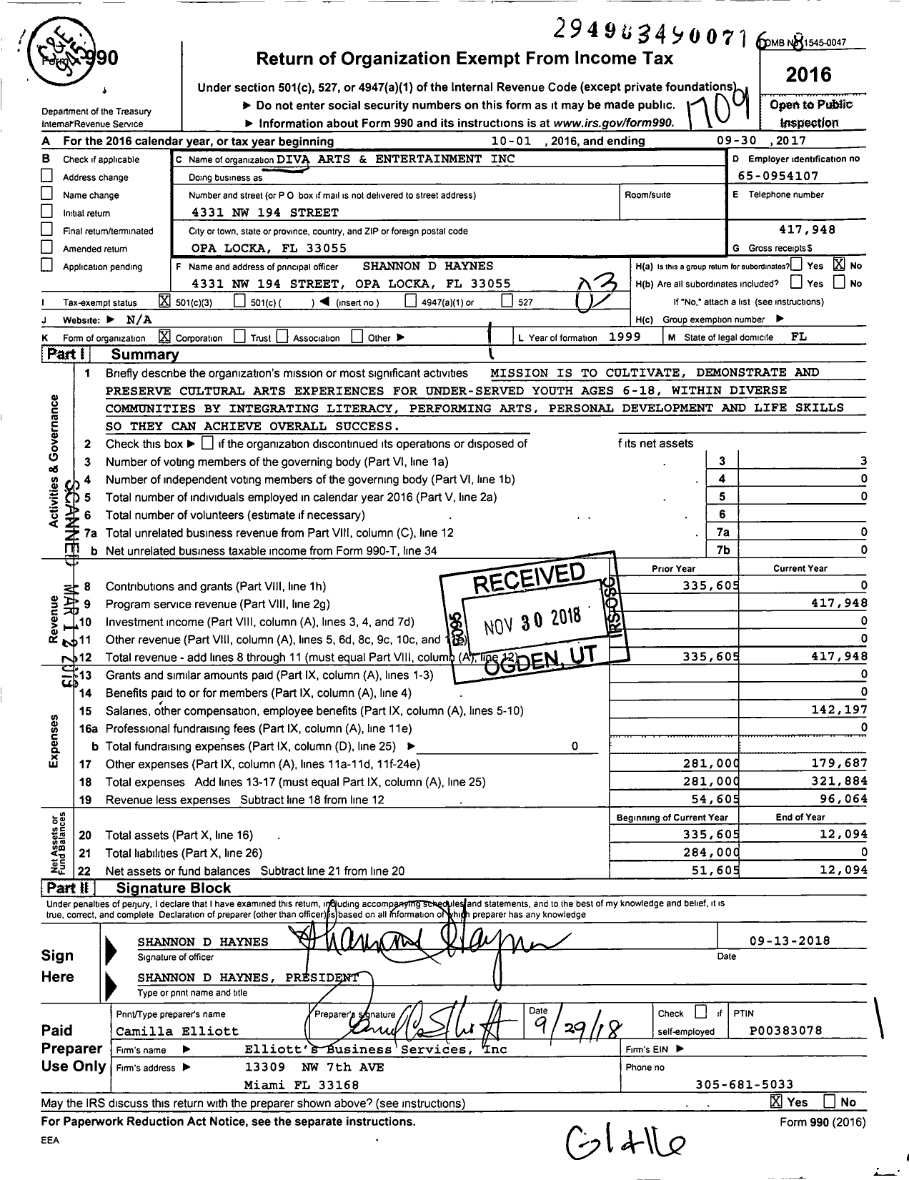 Image of first page of 2016 Form 990 for Diva Arts and Entertainment