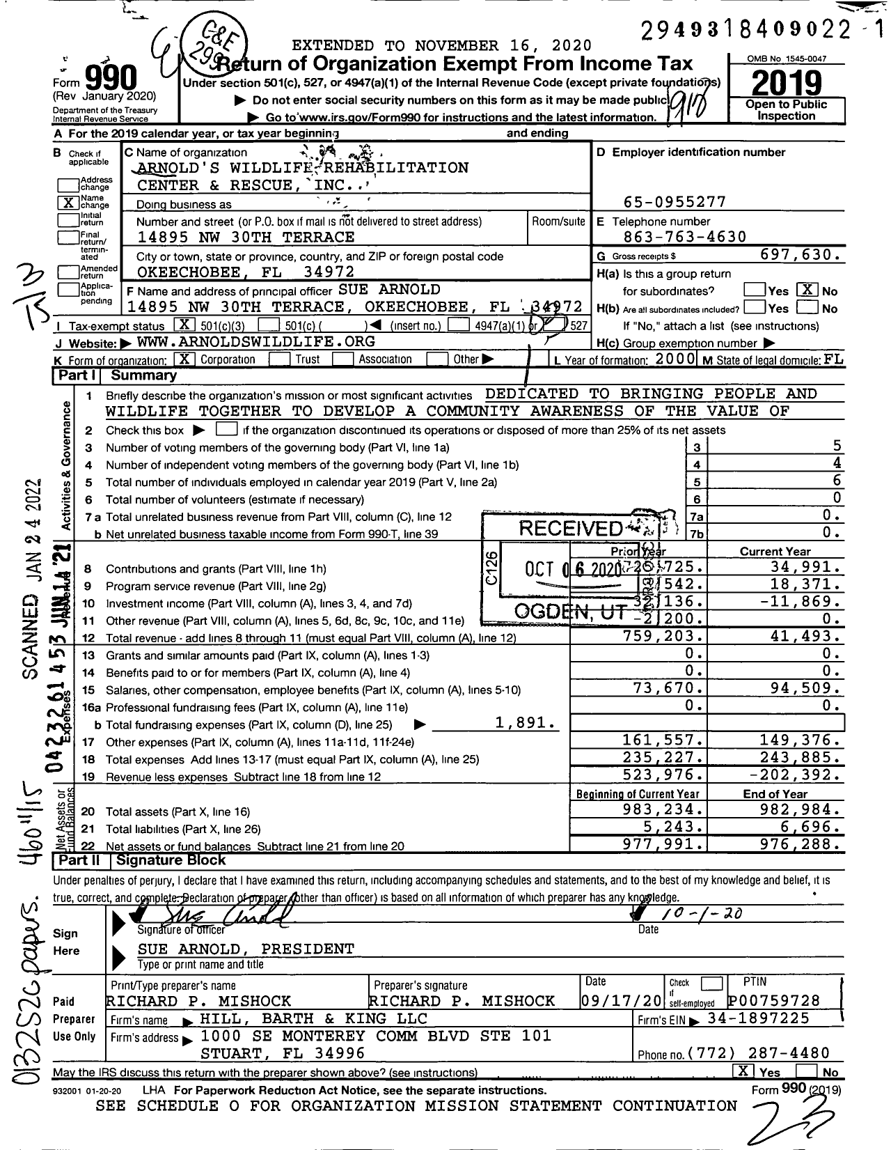 Image of first page of 2019 Form 990 for Arnold's Wildlife Rehabilitation Center and Rescue