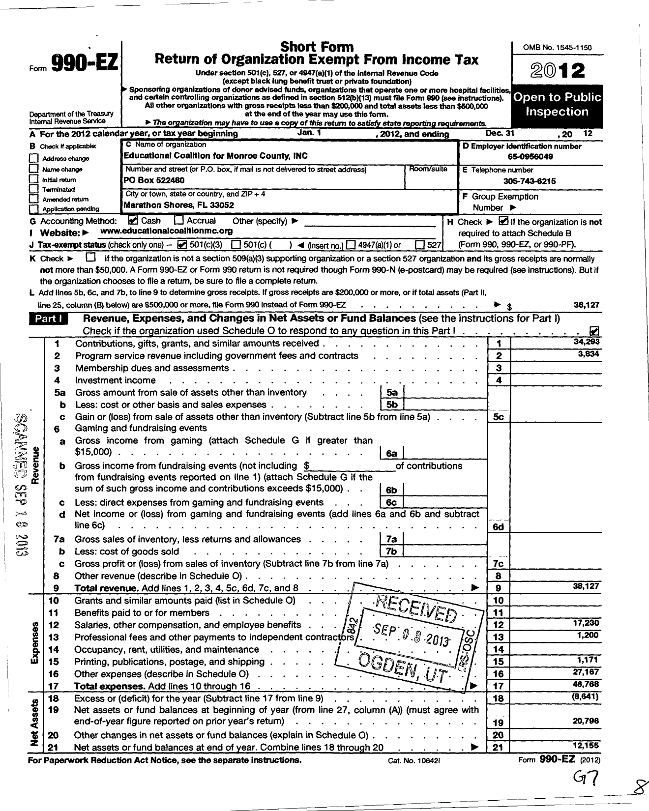Image of first page of 2012 Form 990EZ for Educational Coalition of Monroe County