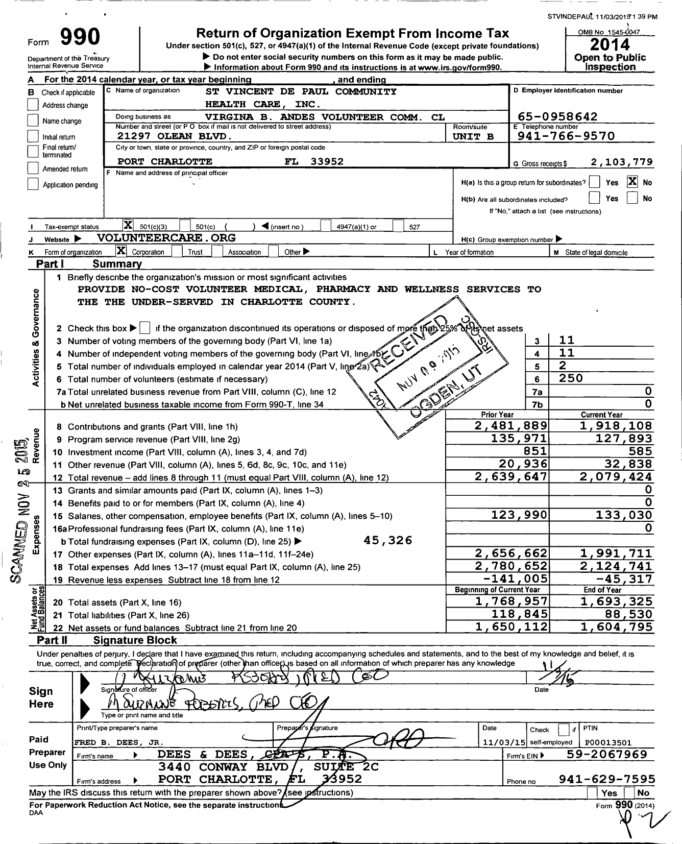 Image of first page of 2014 Form 990 for Virginia B Andes Volunteer Community Clinc