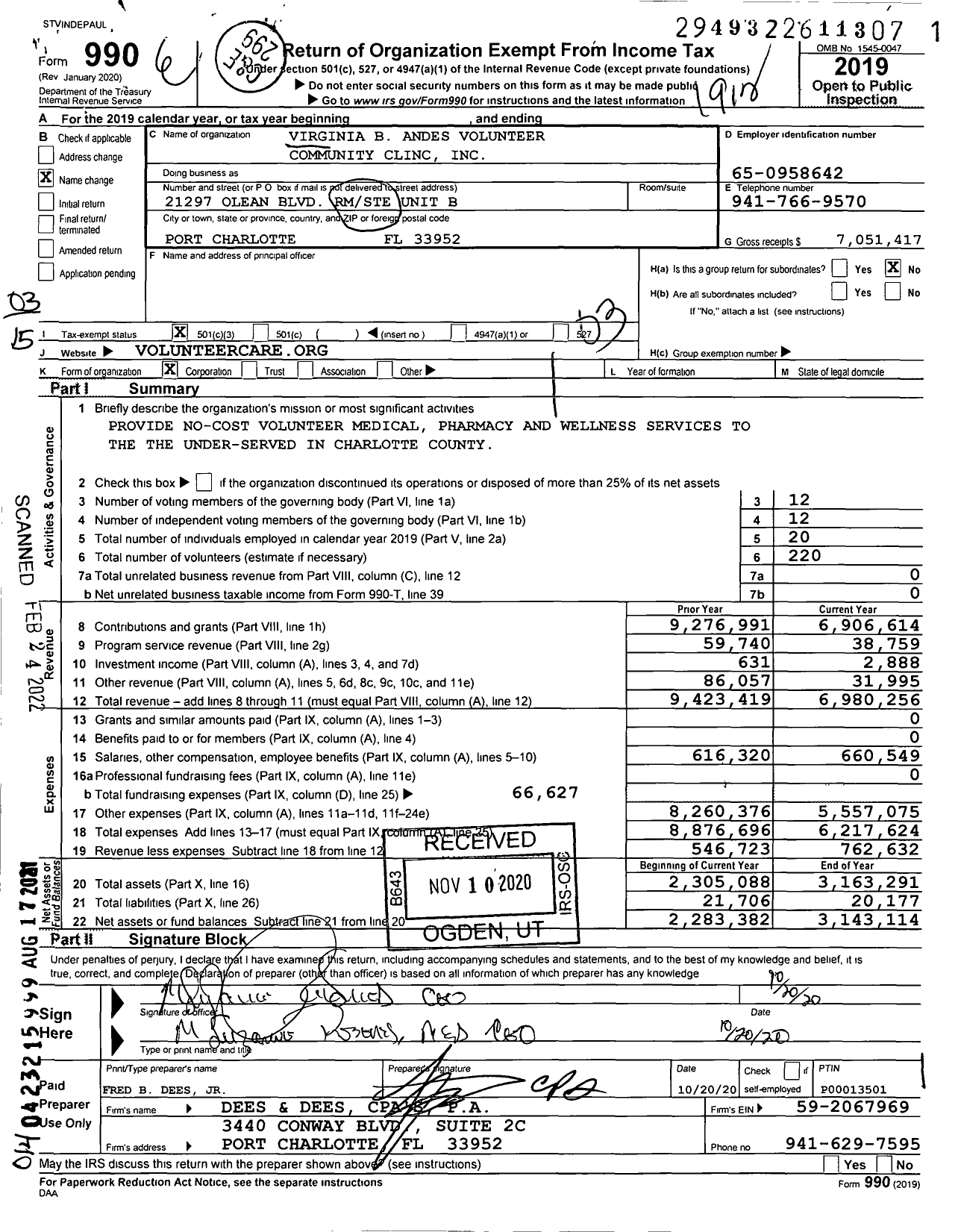 Image of first page of 2019 Form 990 for Virginia B Andes Volunteer Community Clinc