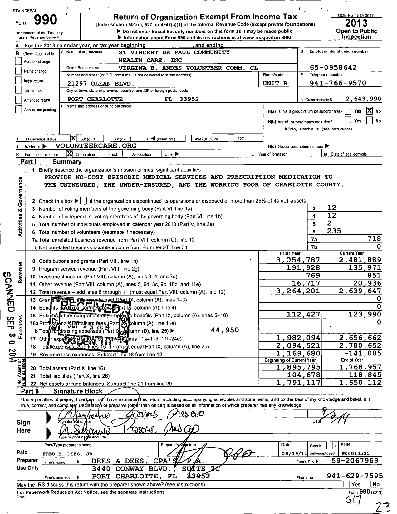 Image of first page of 2013 Form 990 for Virginia B Andes Volunteer Community Clinc