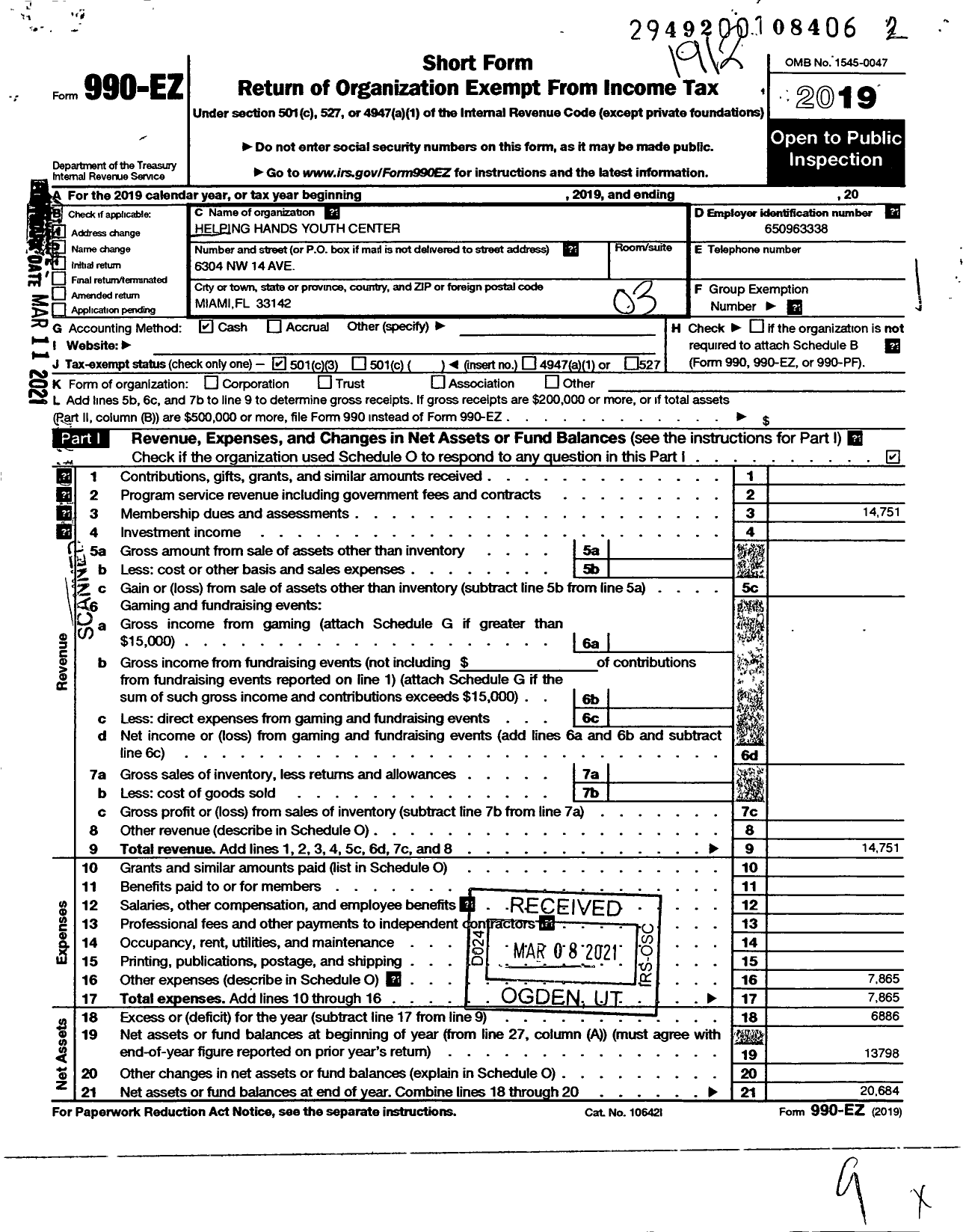 Image of first page of 2019 Form 990EZ for Helping Hands Youth Center