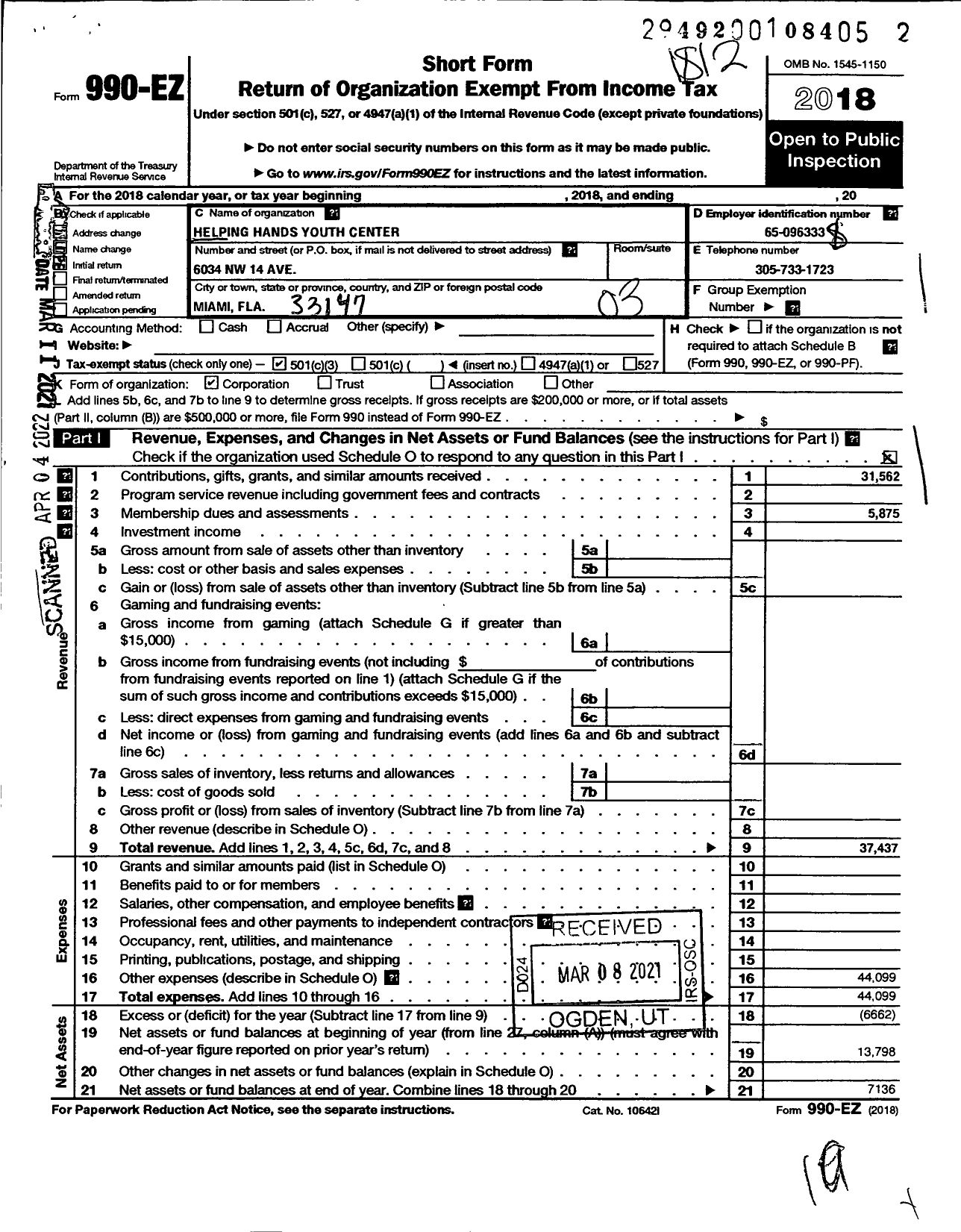 Image of first page of 2018 Form 990EZ for Helping Hands Youth Center