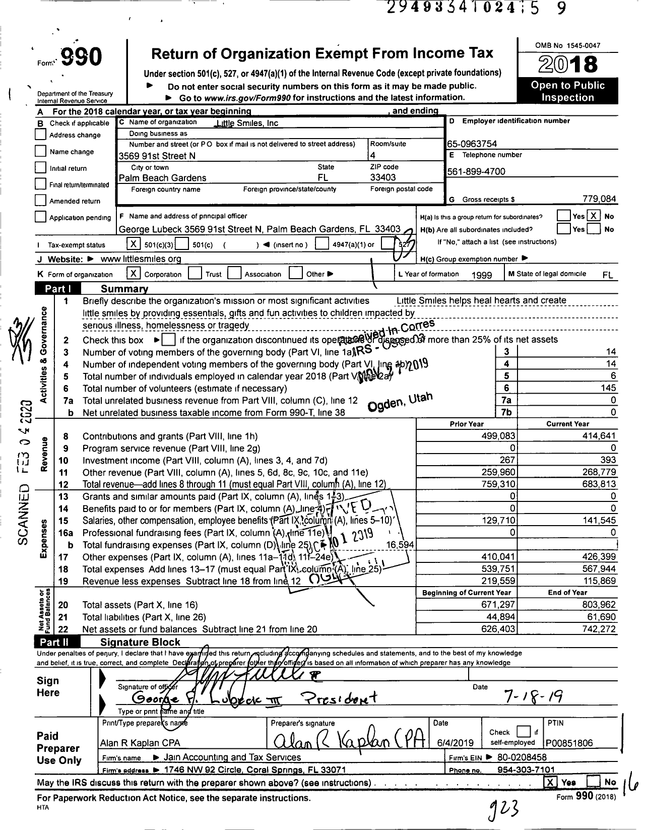 Image of first page of 2018 Form 990 for Little Smiles