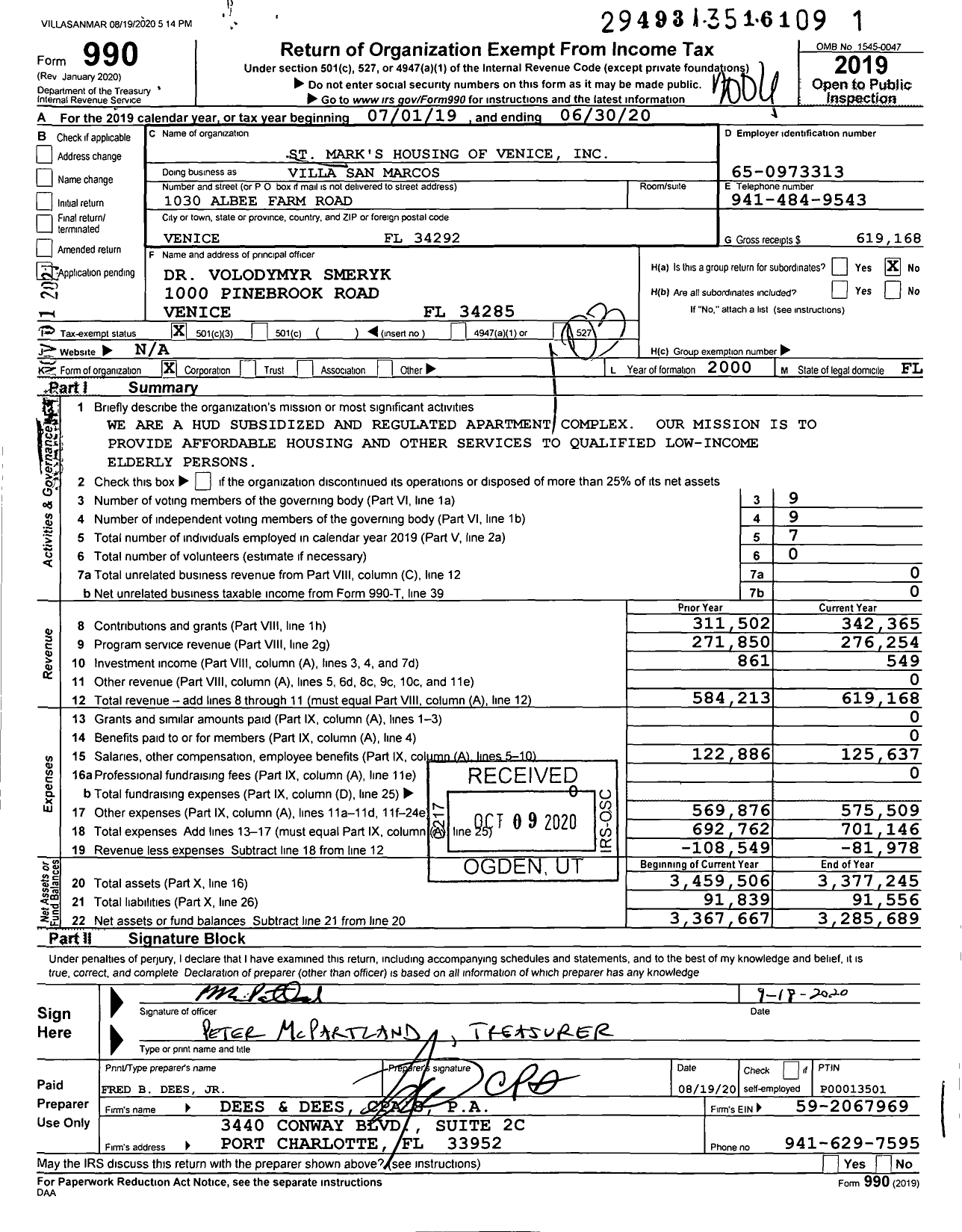 Image of first page of 2019 Form 990 for Villa San Marcos