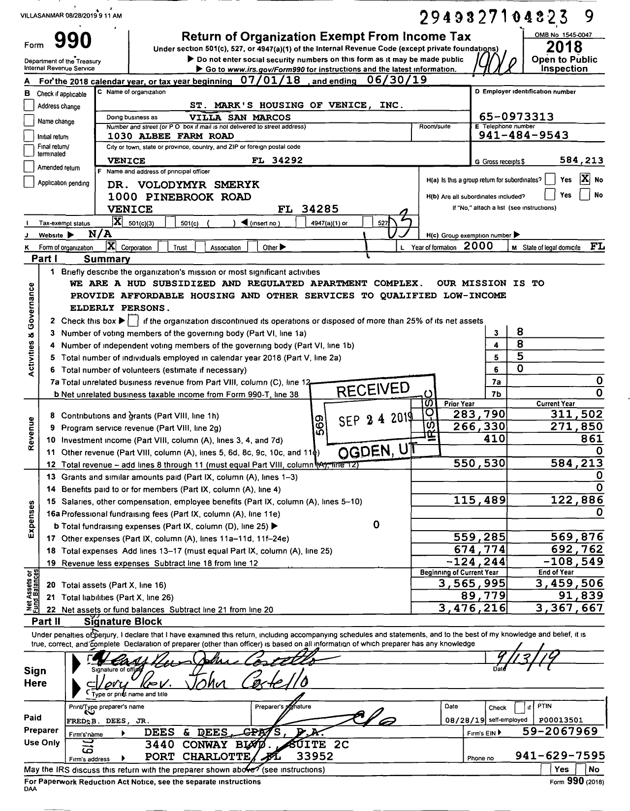 Image of first page of 2018 Form 990 for Villa San Marcos