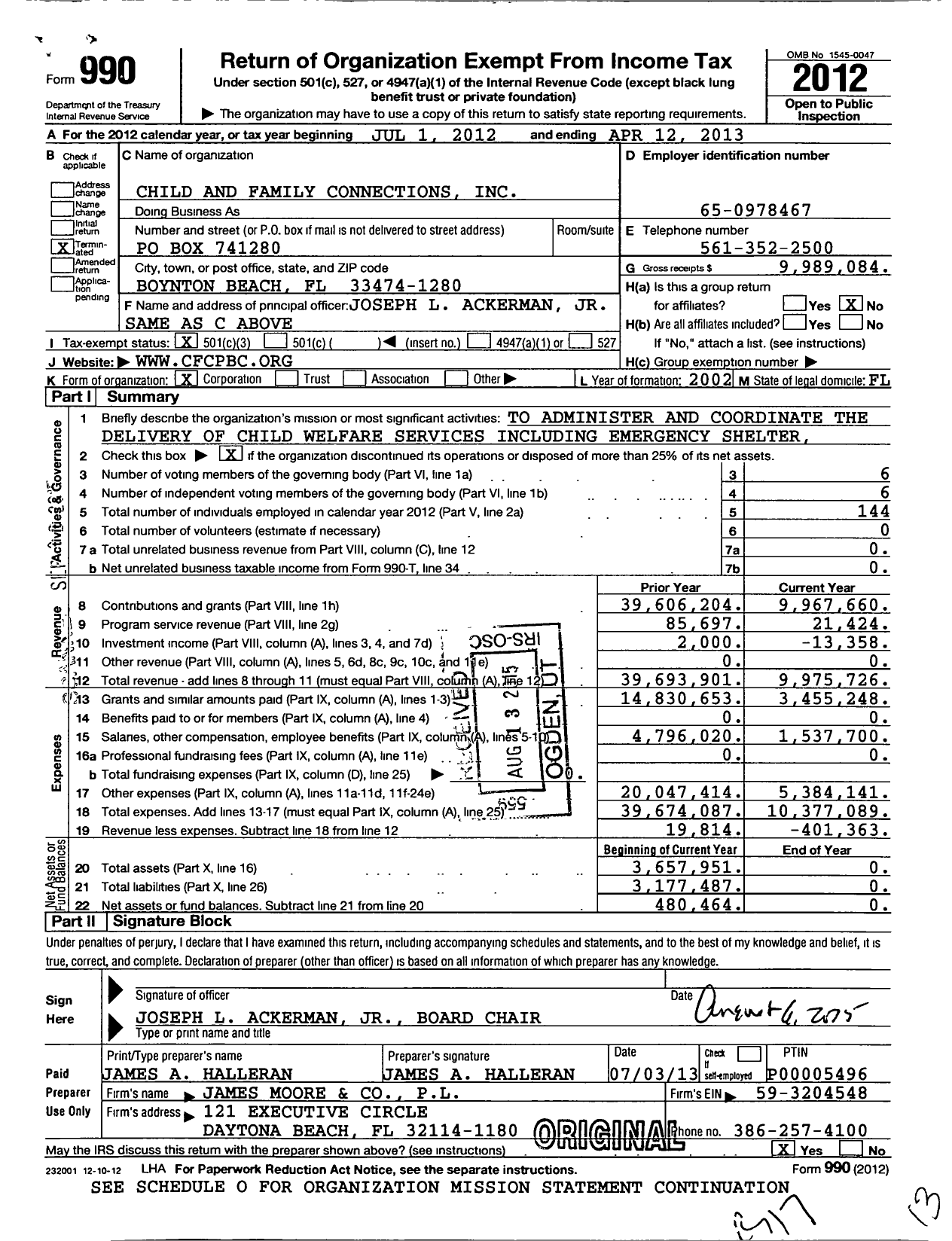 Image of first page of 2012 Form 990 for Child and Family Connections