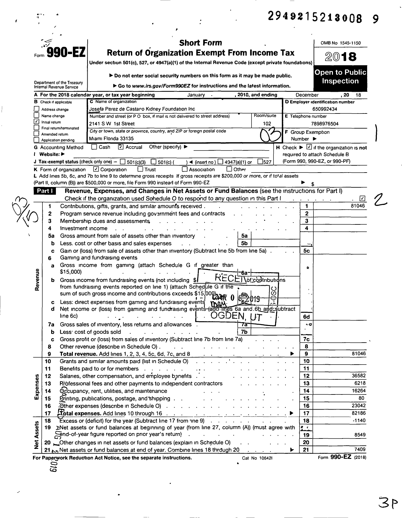Image of first page of 2018 Form 990EZ for Josefa Perez de Castano Kidney Foundation