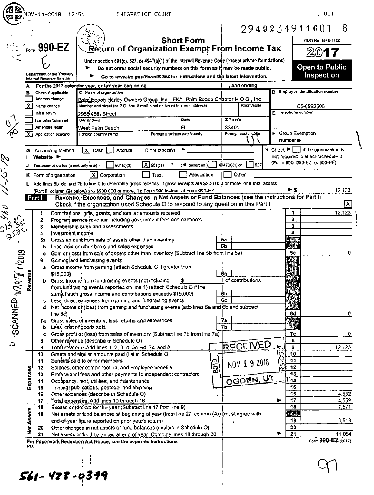 Image of first page of 2017 Form 990EO for Palm Beach Harley Owners Group