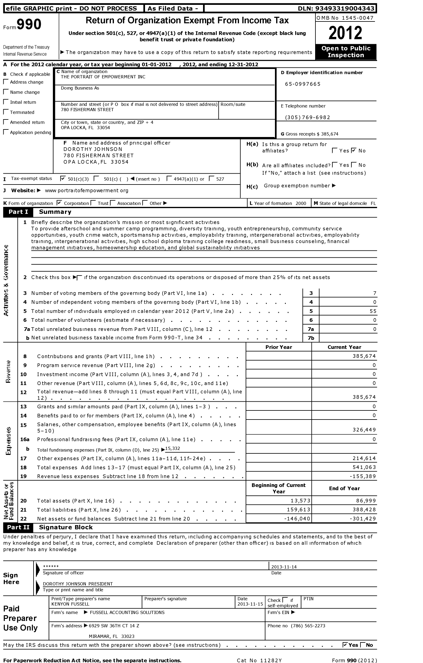 Image of first page of 2012 Form 990 for The Portrait of Empowerment