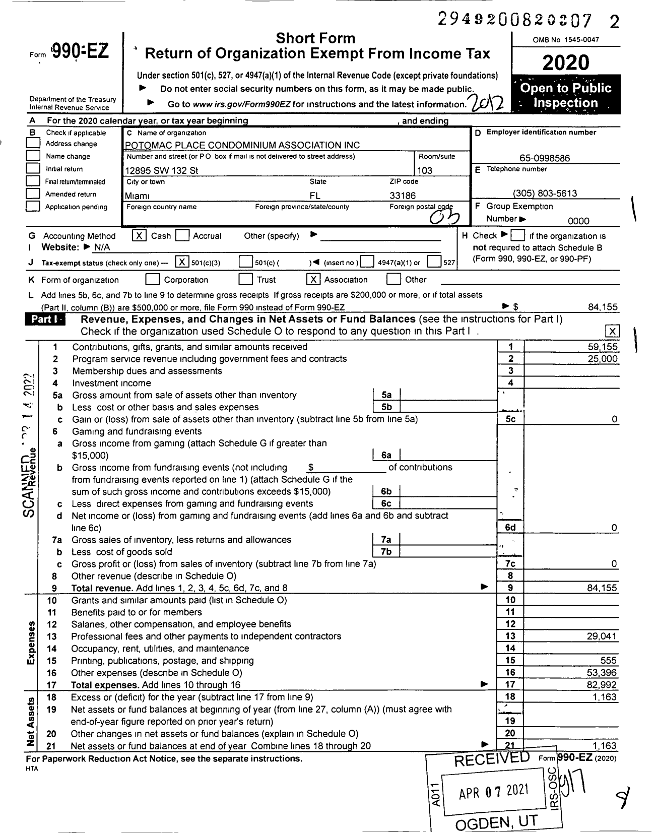 Image of first page of 2020 Form 990EZ for Potomac Place Condominium Association