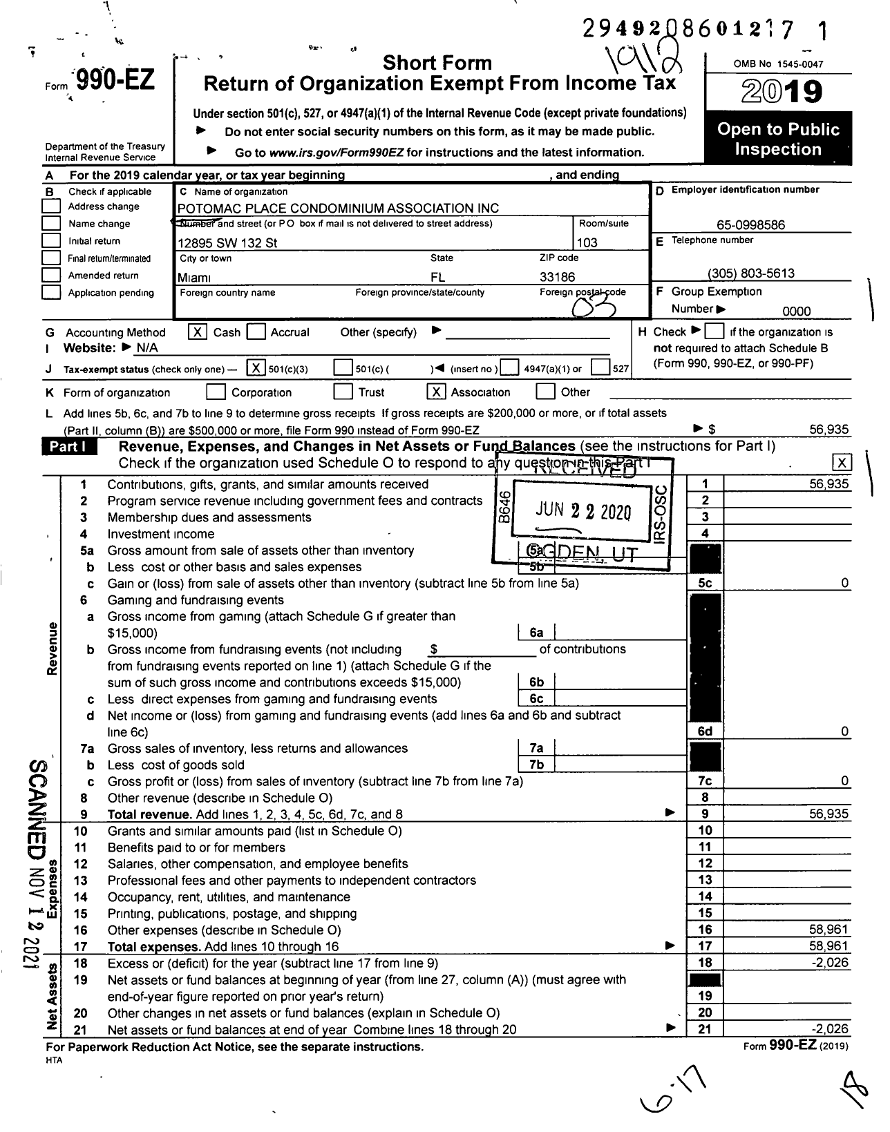 Image of first page of 2019 Form 990EZ for Potomac Place Condominium Association