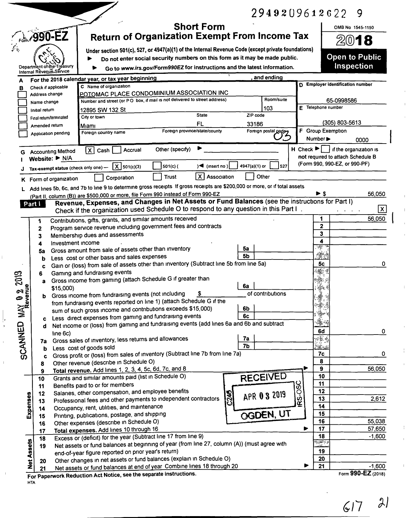 Image of first page of 2018 Form 990EZ for Potomac Place Condominium Association