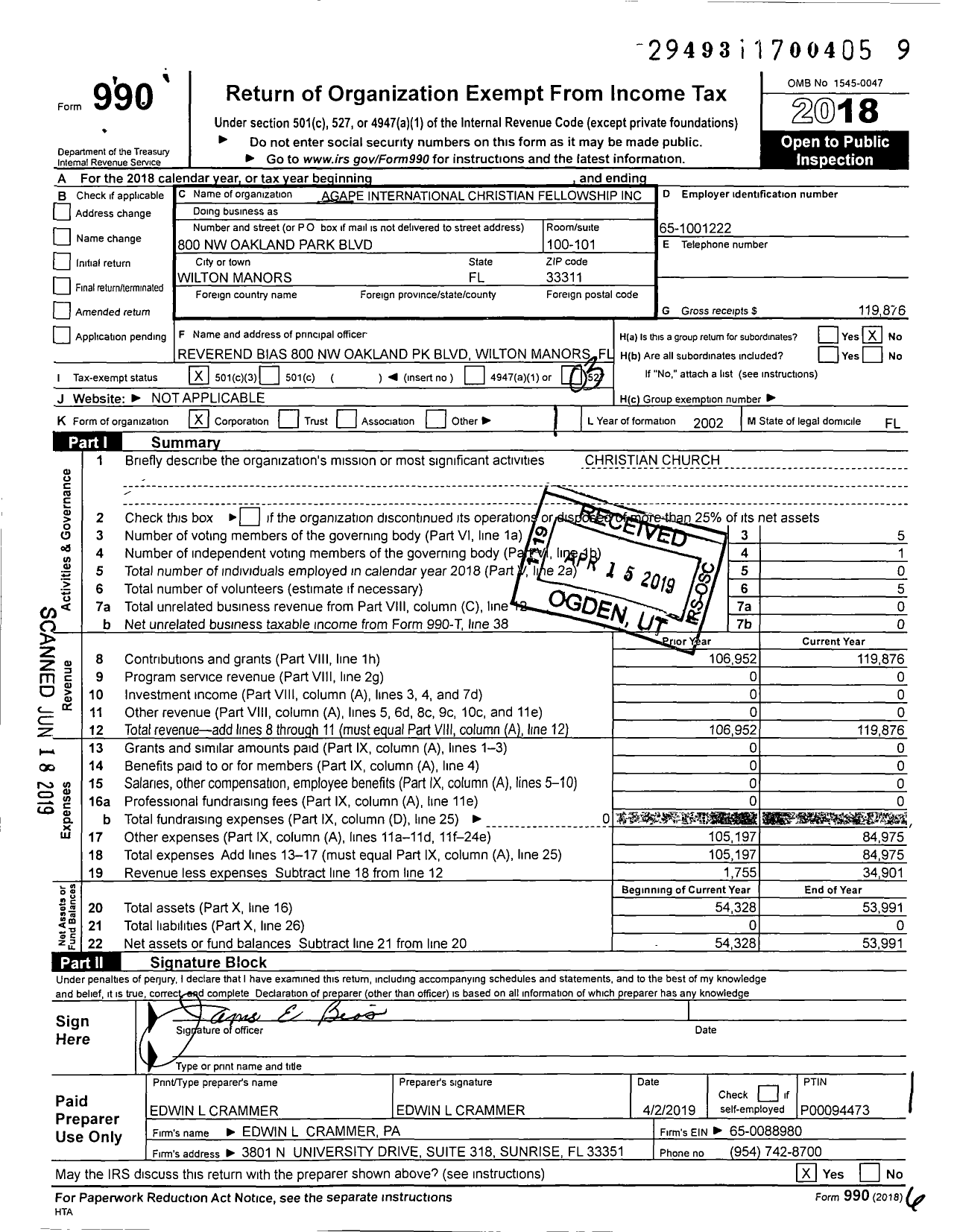 Image of first page of 2018 Form 990 for Agape International Christian Fellowship