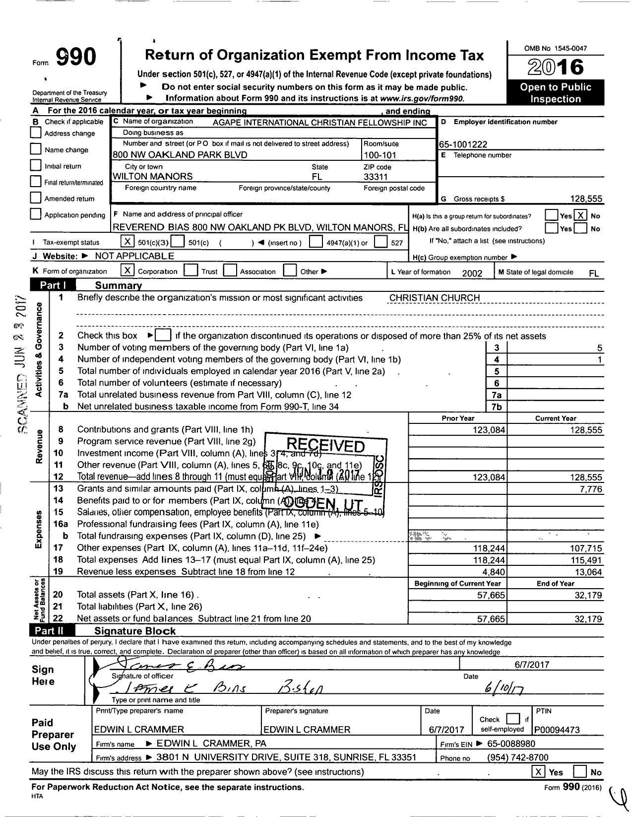 Image of first page of 2016 Form 990 for Agape International Christian Fellowship