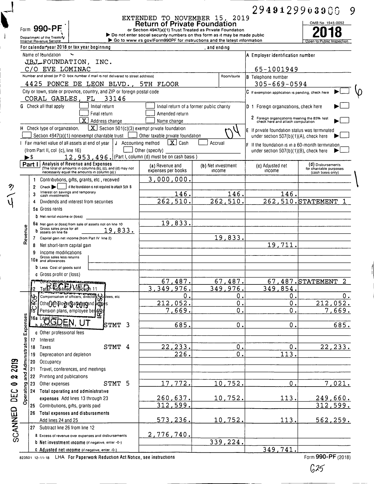 Image of first page of 2018 Form 990PF for JBJ Foundation