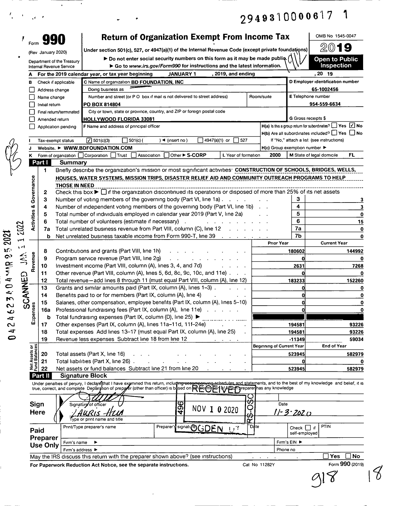 Image of first page of 2019 Form 990 for BD Foundation