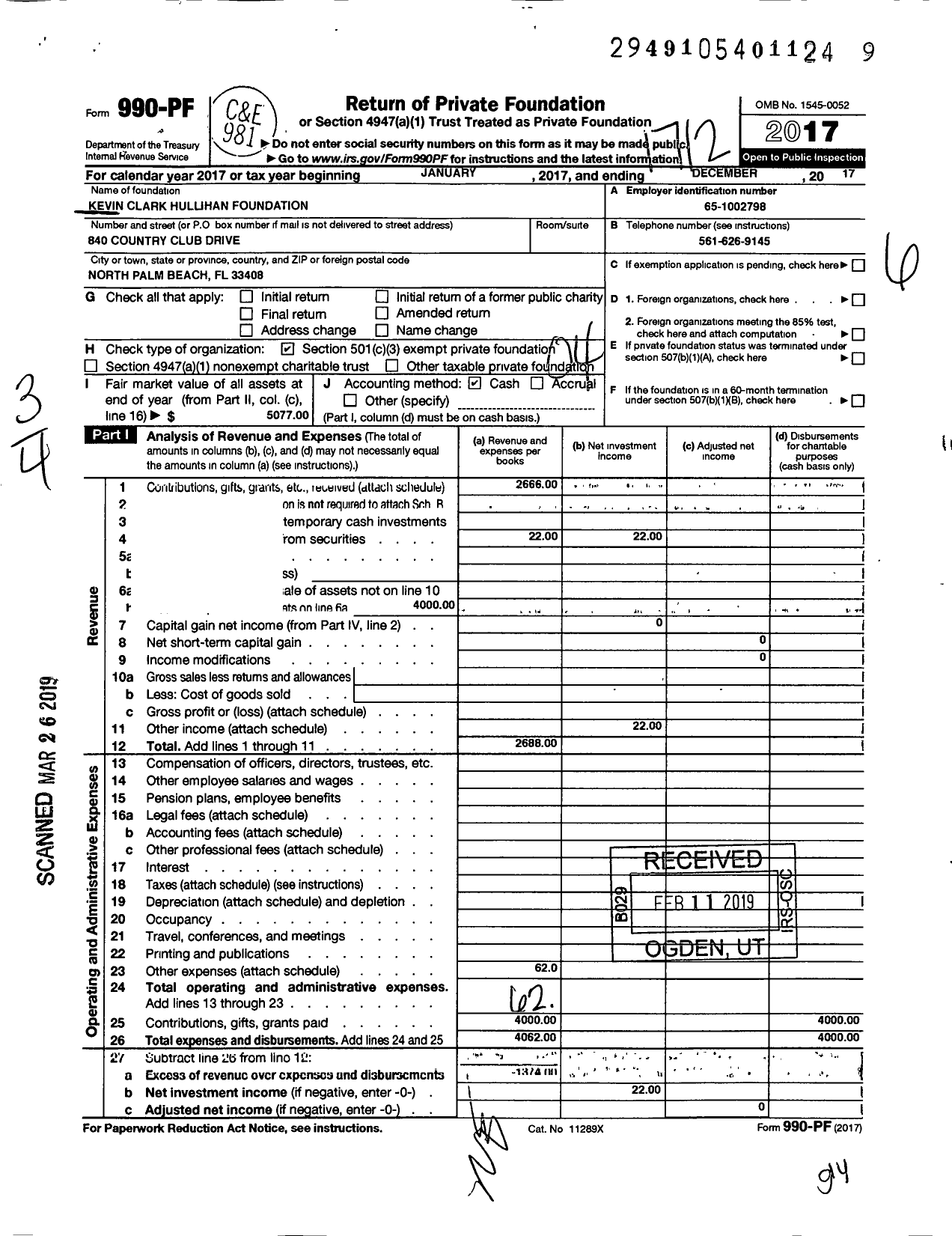 Image of first page of 2017 Form 990PF for Kevin Clark Hullihan Foundation