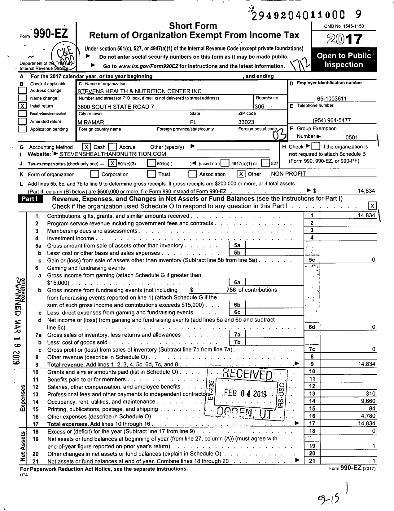 Image of first page of 2017 Form 990EZ for Stevens Health and Nutrition Center