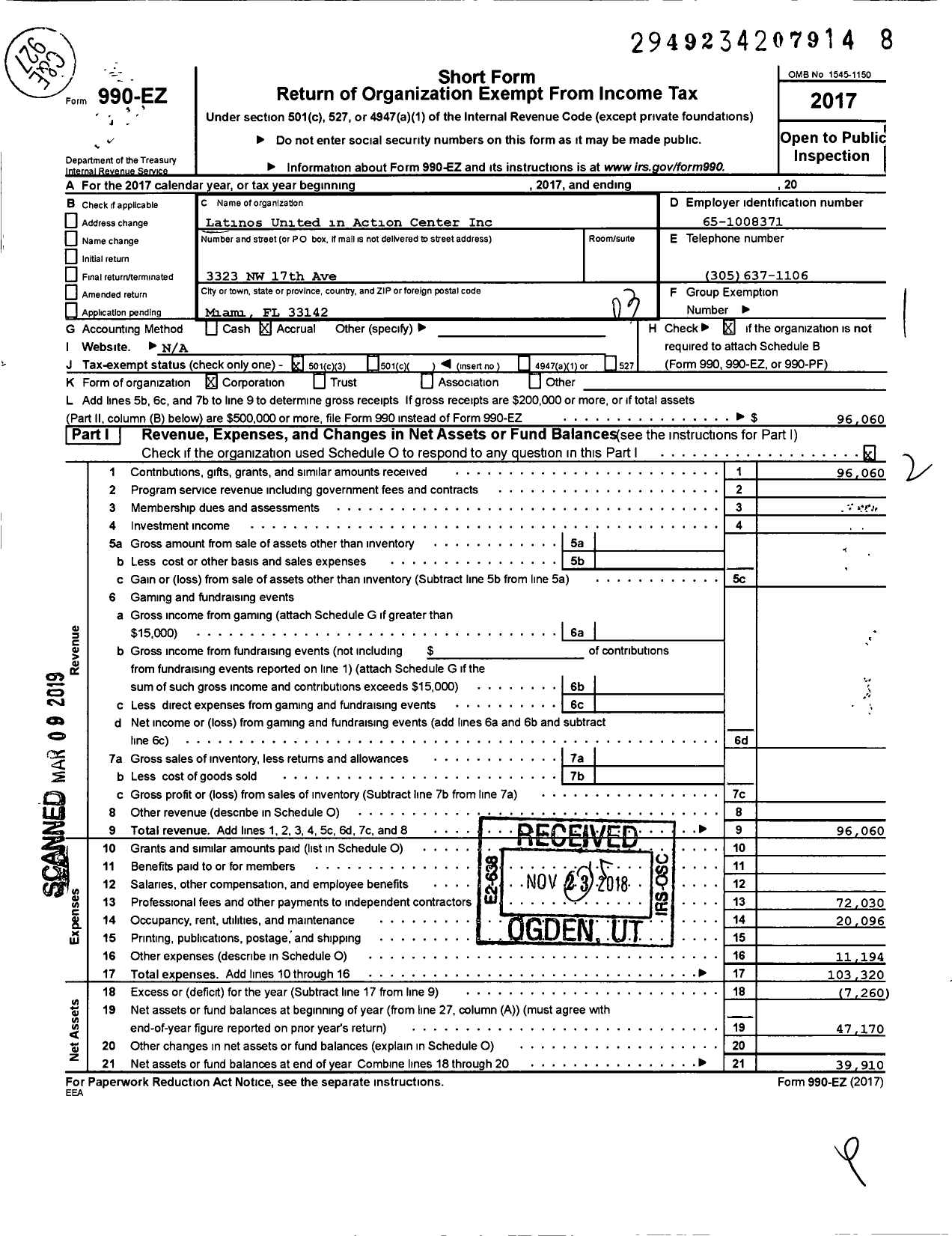 Image of first page of 2017 Form 990EZ for Latinos United in Action Center