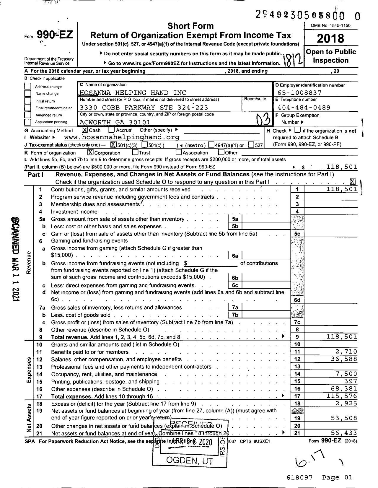 Image of first page of 2018 Form 990EZ for Hosanna Helping Hand