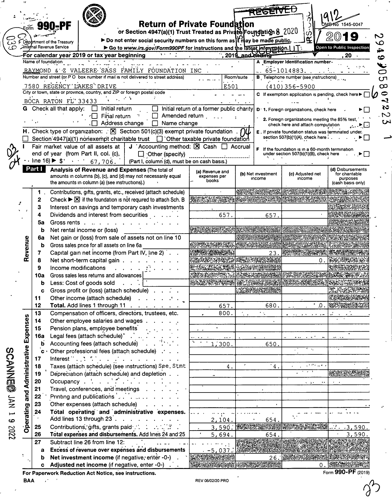 Image of first page of 2019 Form 990PF for Raymond and Z Valeere Sass Family Foundation