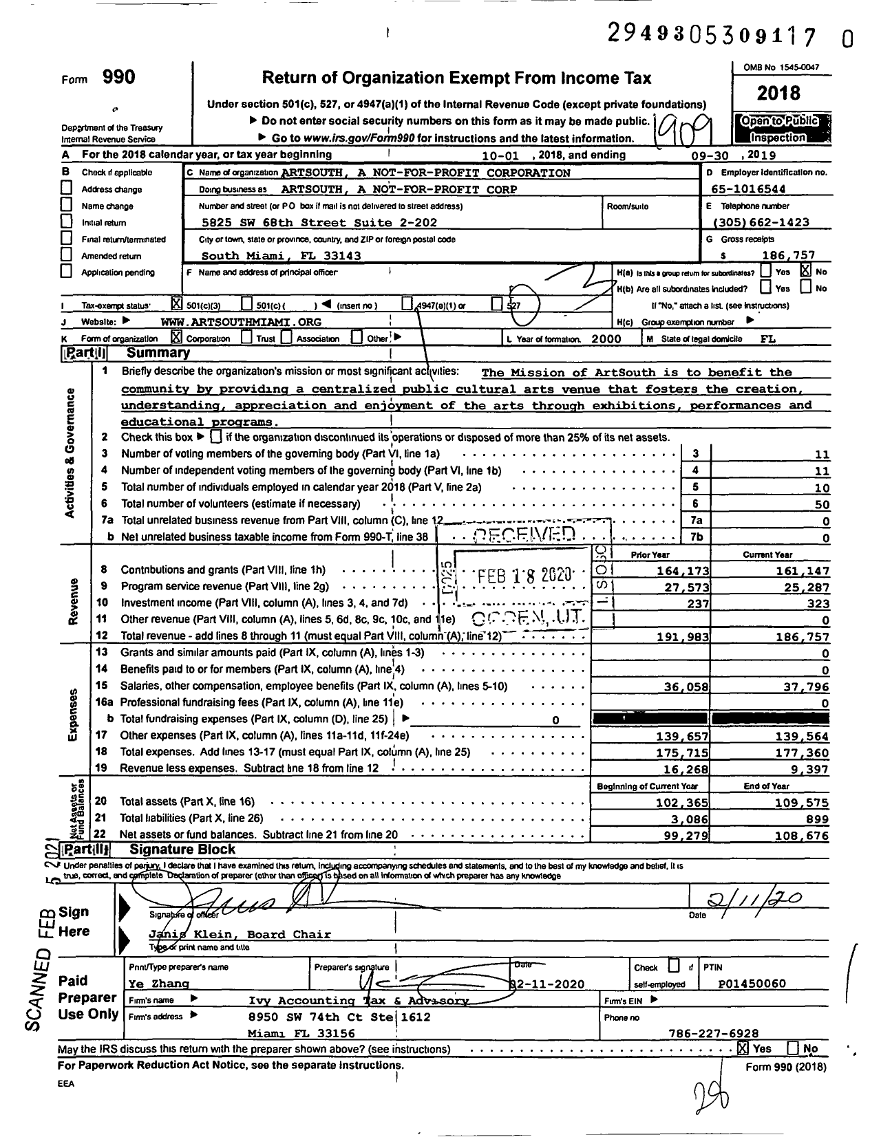 Image of first page of 2018 Form 990 for Artsouth A Not-For-Profit Corporation