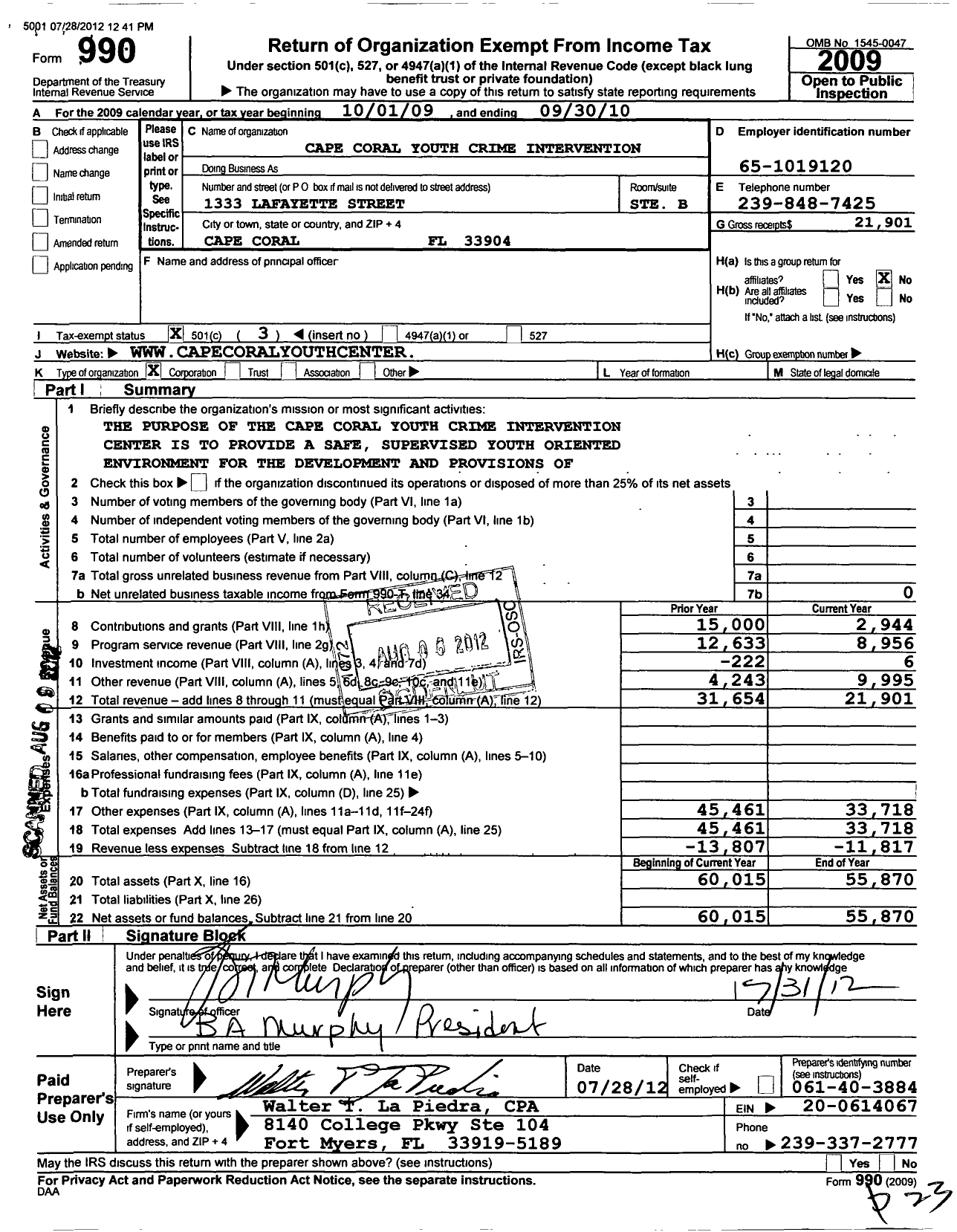 Image of first page of 2009 Form 990 for Cape Coral Youth Crime Intervention