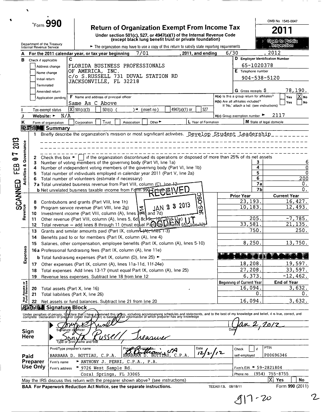 Image of first page of 2011 Form 990 for Florida Business Professionals of America