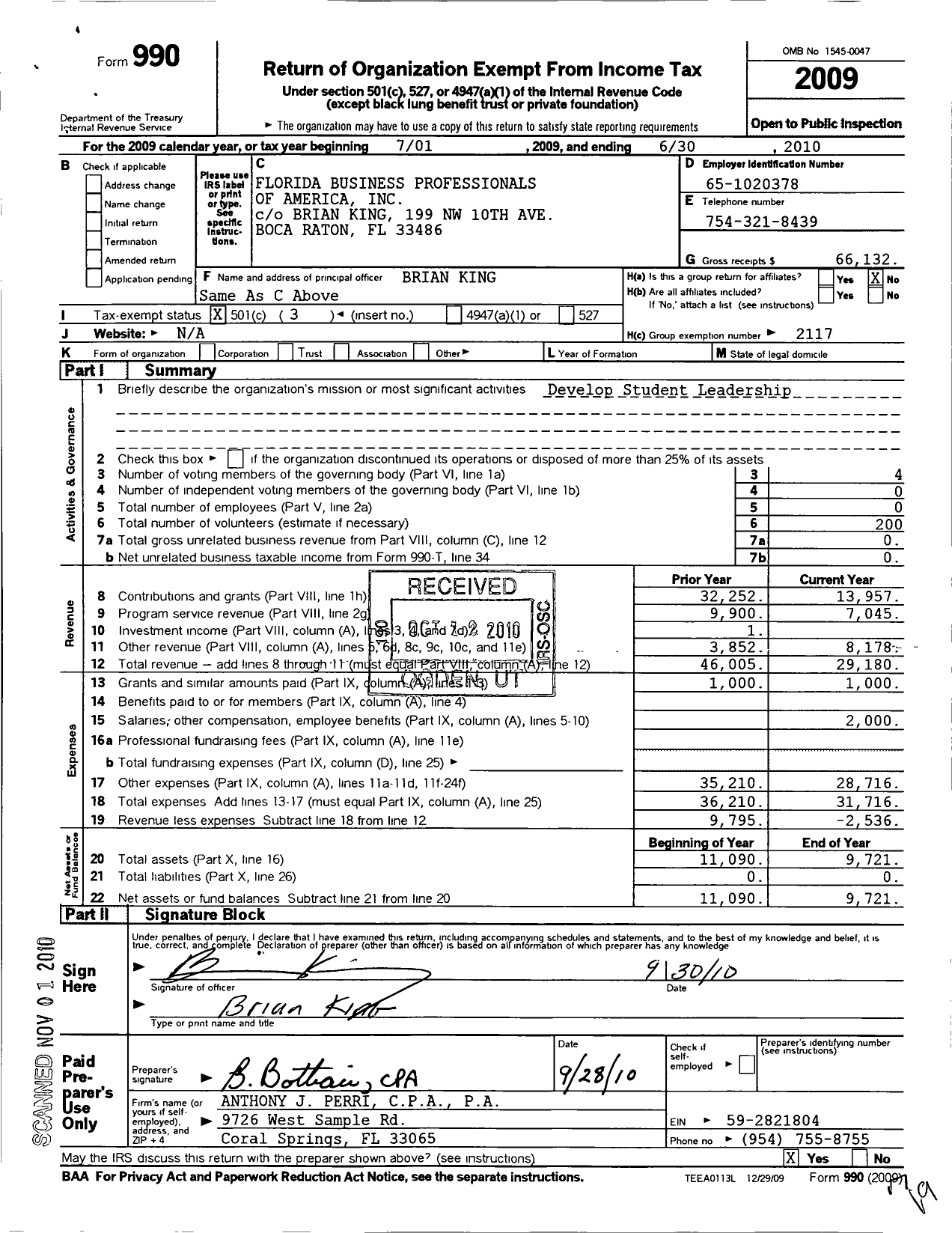 Image of first page of 2009 Form 990 for Florida Business Professionals of America