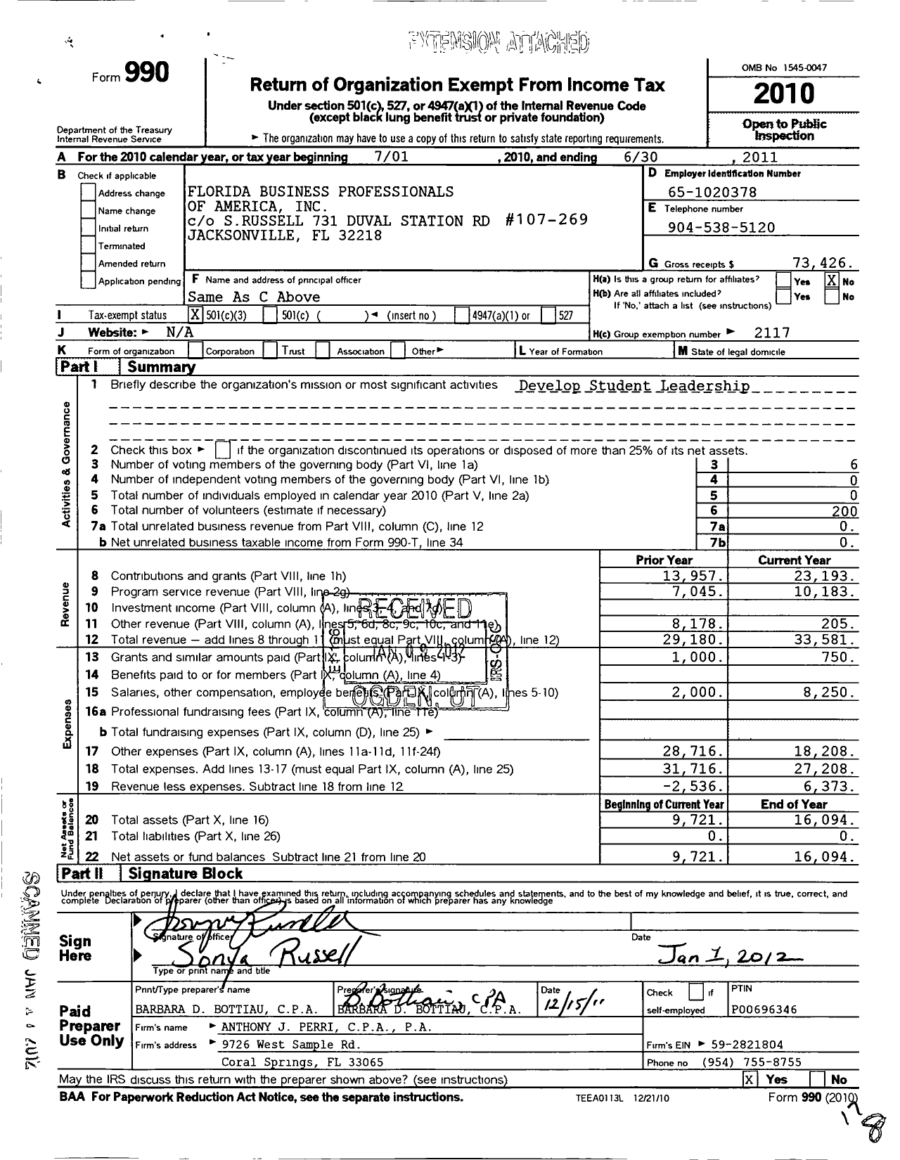 Image of first page of 2010 Form 990 for Florida Business Professionals of America