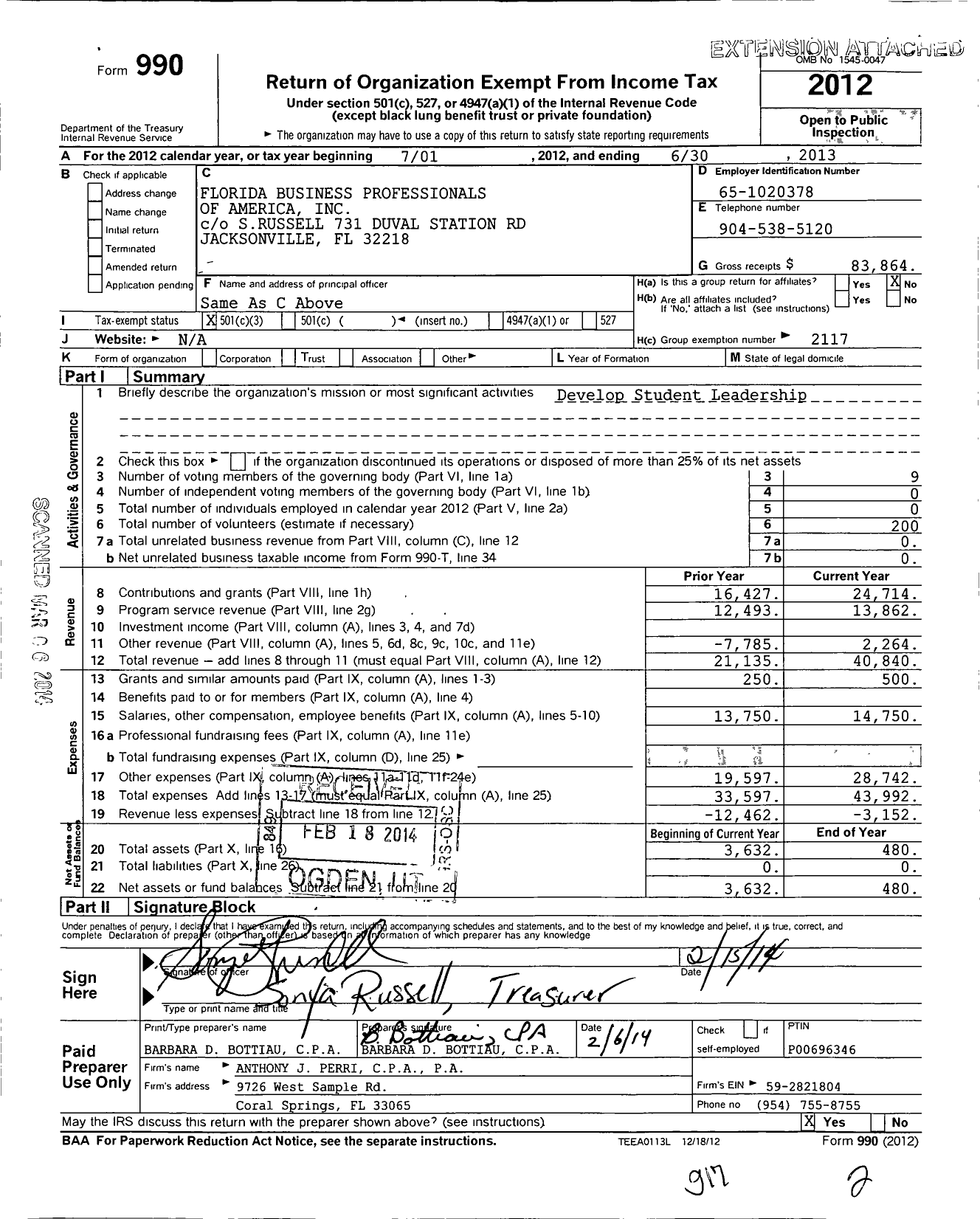 Image of first page of 2012 Form 990 for Florida Business Professionals of America