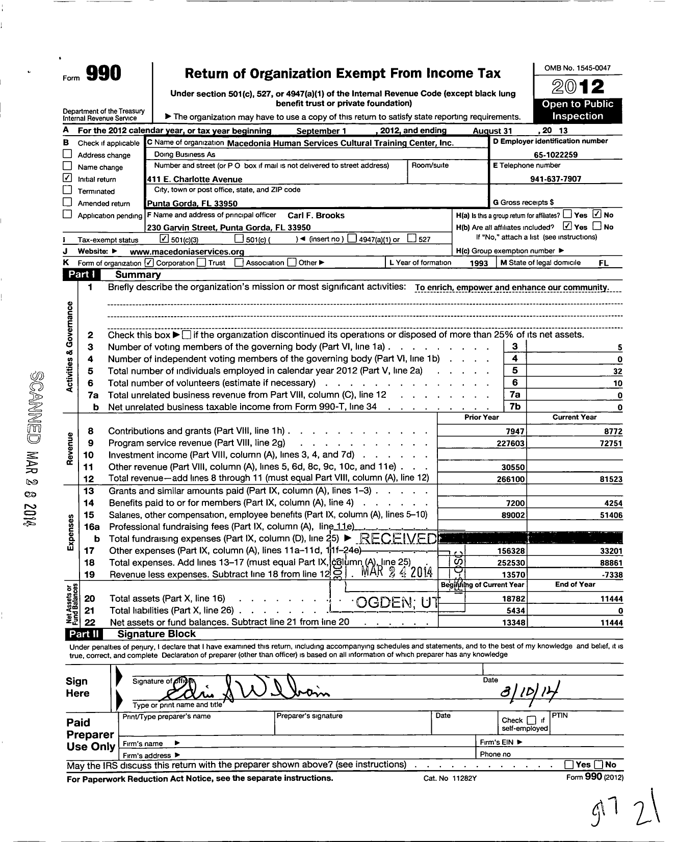 Image of first page of 2012 Form 990 for Macedonia Human Services Cultural Training Center