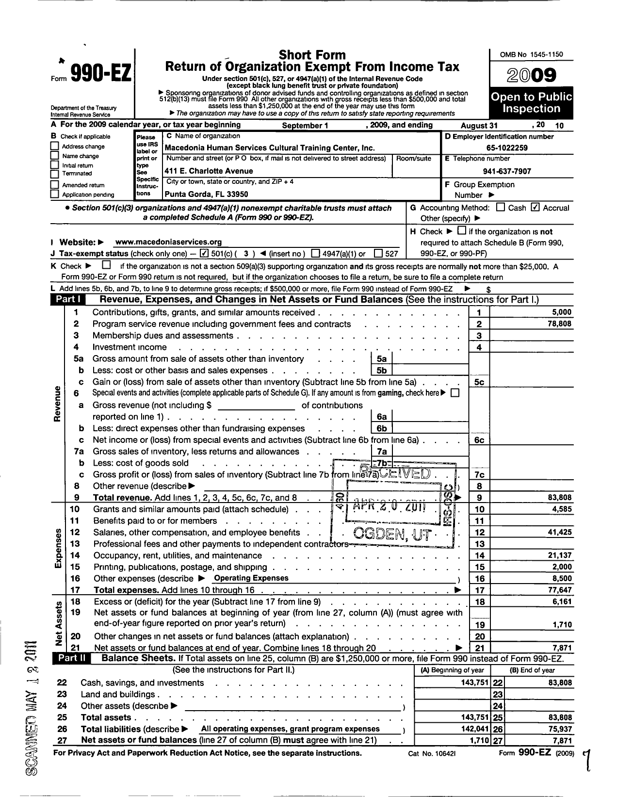 Image of first page of 2009 Form 990EZ for Macedonia Human Services Cultural Training Center