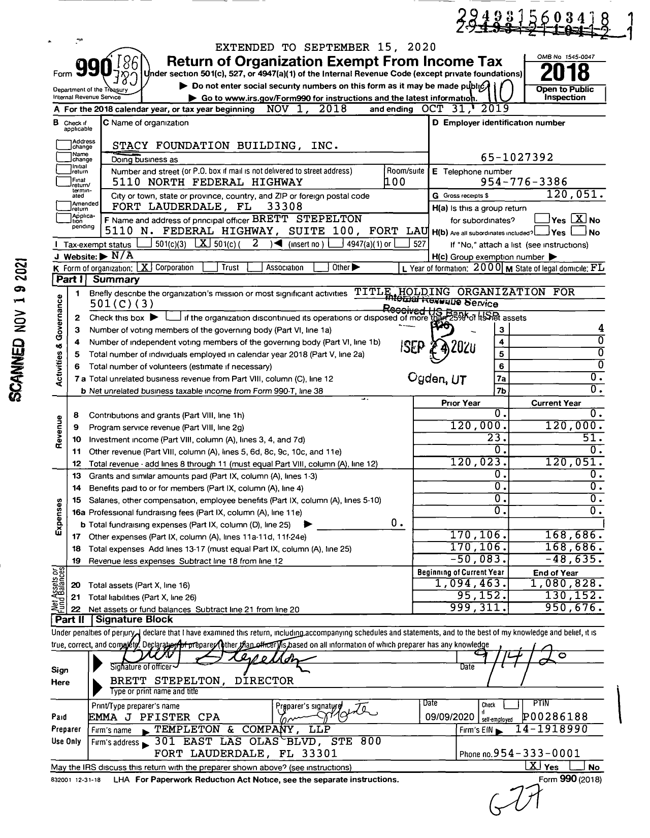 Image of first page of 2018 Form 990O for Stacy Foundation Building